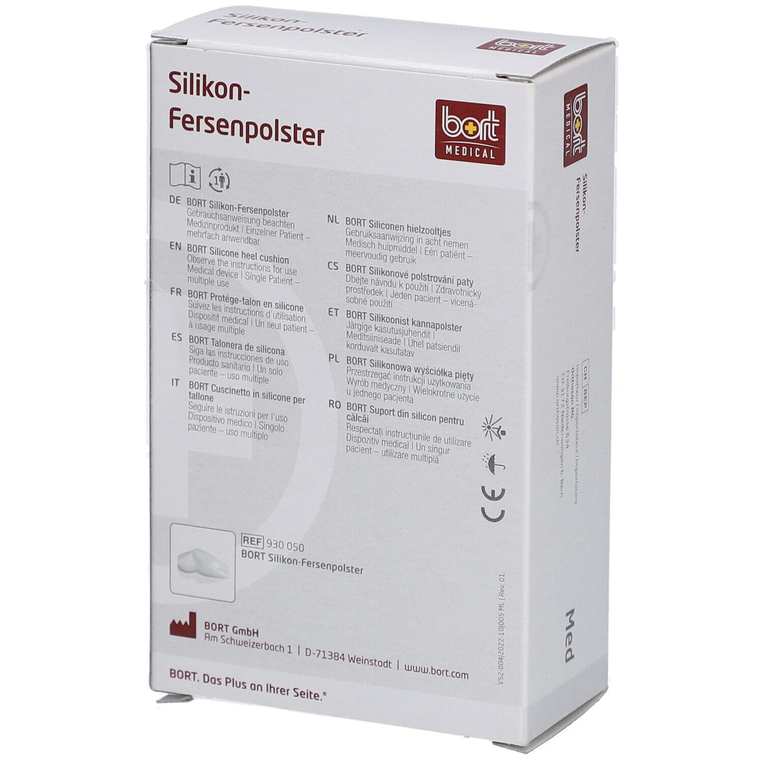 Rückseite der Verpackung mit Silikon-Fersenpolstern. Text in mehreren Sprachen, Produktabbildung, CE-Kennzeichnung.