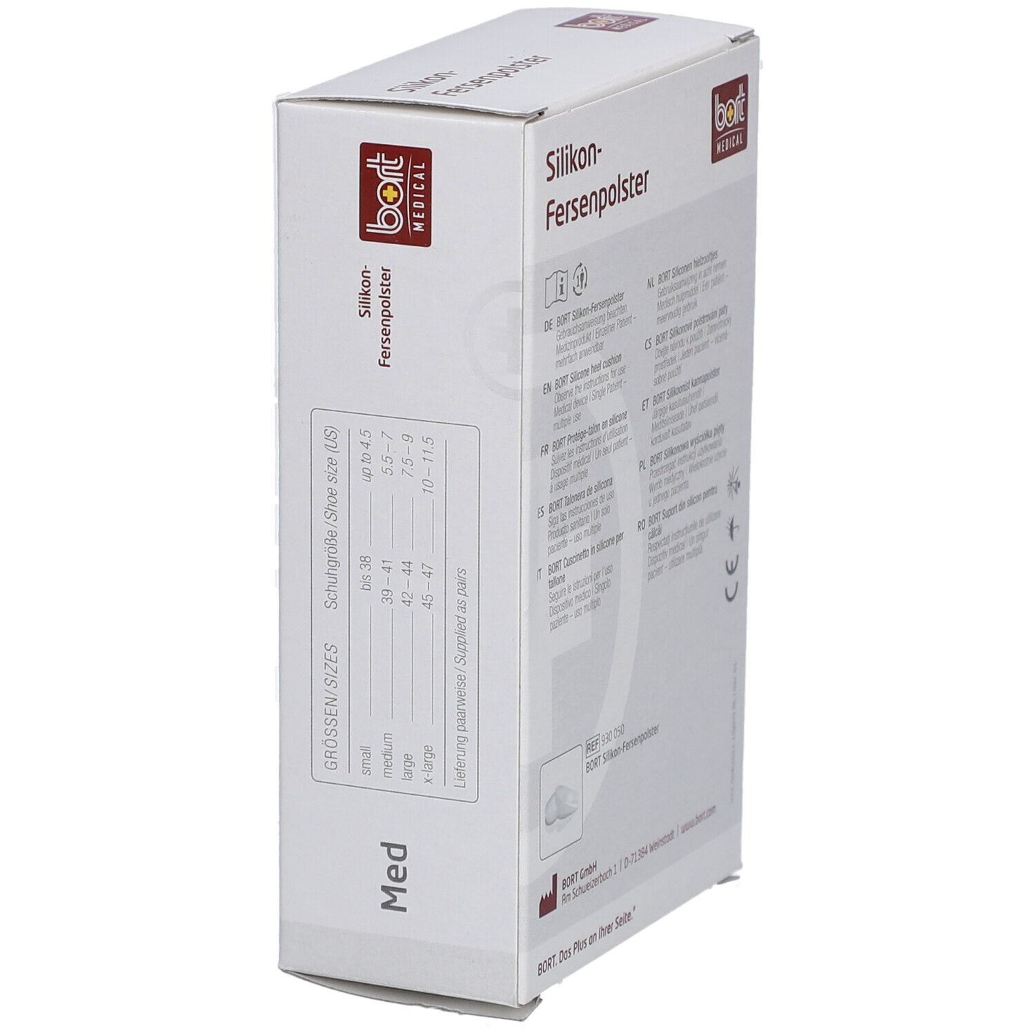 Seite der Verpackung mit Silikon-Fersenpolstern. Größenangaben, Produktabbildung, CE-Kennzeichnung.