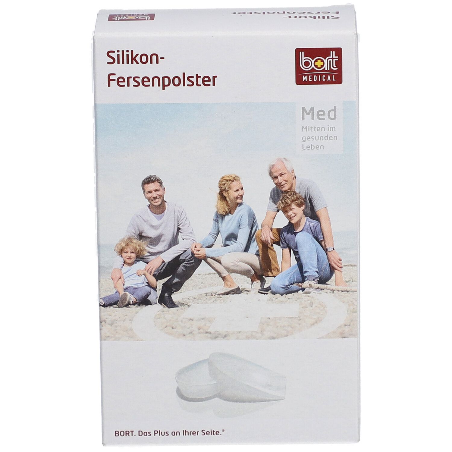 Verpackung mit Silikon-Fersenpolstern. Aufdruck: bort MEDICAL, Familie am Strand, Produktabbildung, Größe Med.