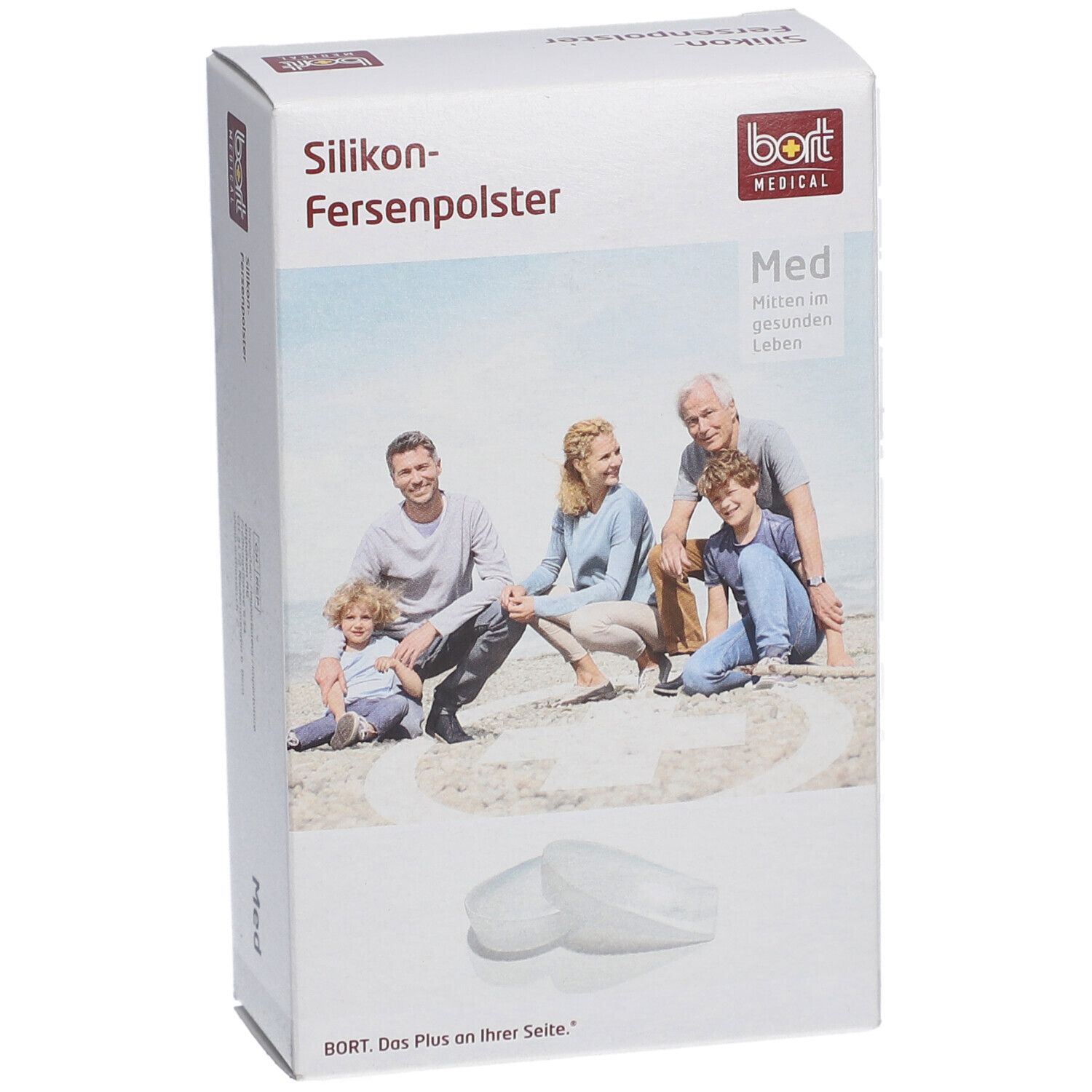 Verpackung mit Silikon-Fersenpolstern. Aufdruck: bort MEDICAL, Familie am Strand, Produktabbildung, Größe Med.