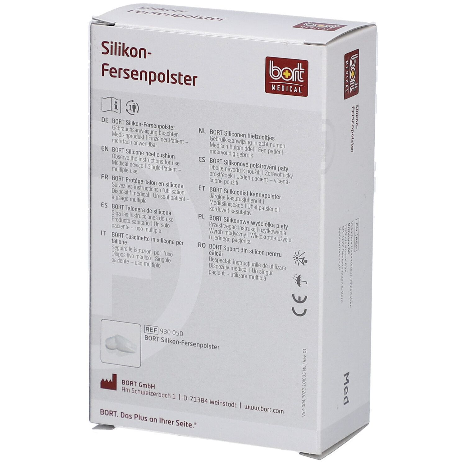 Dos de l'emballage des coussinets de talon en silicone. Texte multilingue. Marquage CE.