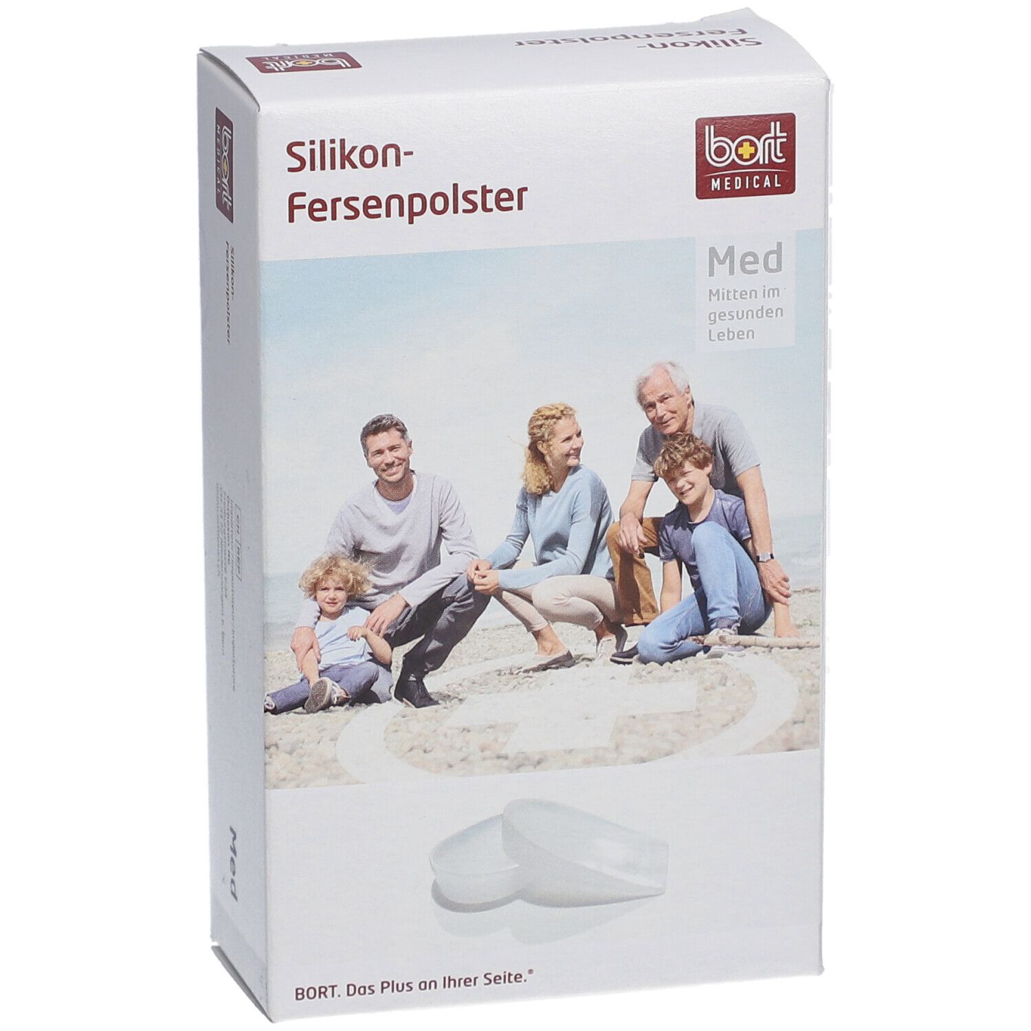 Boîte de coussinets de talon en silicone. Impression: Bort Medical, famille sur la plage. Image du produit.