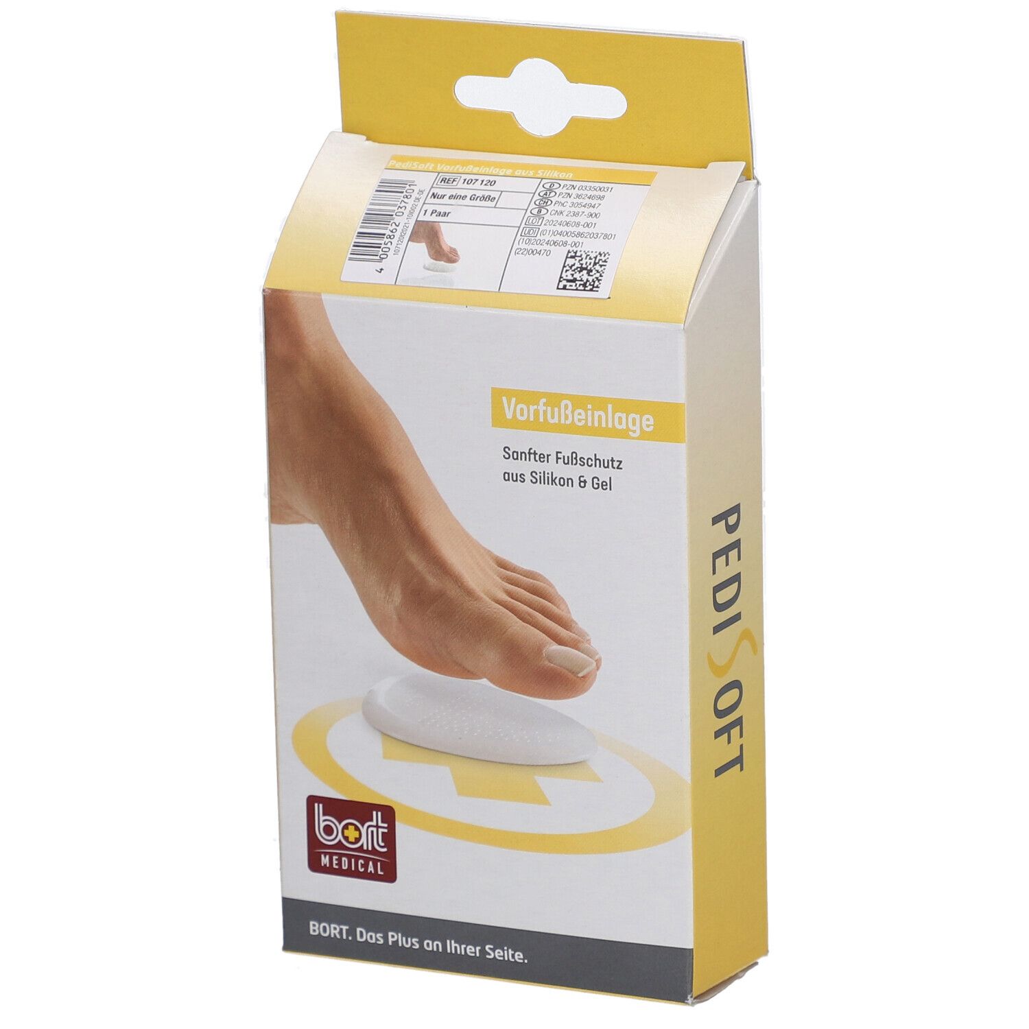 Emballage de semelle avant-pied. Pied sur coussinet blanc. Accents jaunes. Logos PediSoft et Bort Medical.