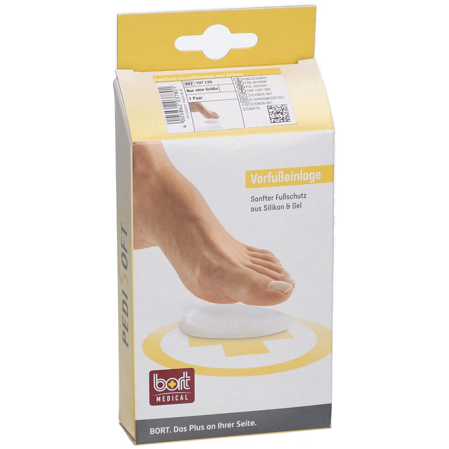 Face avant de l'emballage. Semelle avant-pied. Pied sur coussinet blanc. Logos PediSoft et Bort Medical.