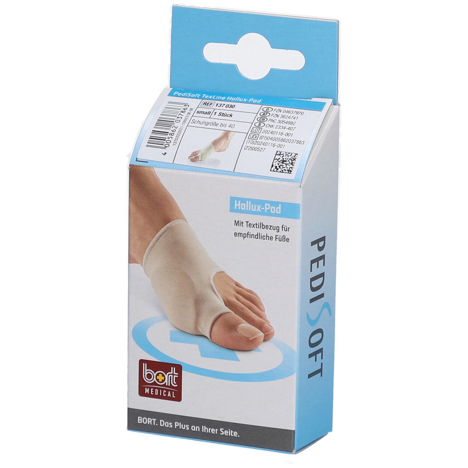 Verpackung mit Hallux-Pad. Beige Pad am Fuß, auf der Verpackung abgebildet. Marke BORT MEDICAL.