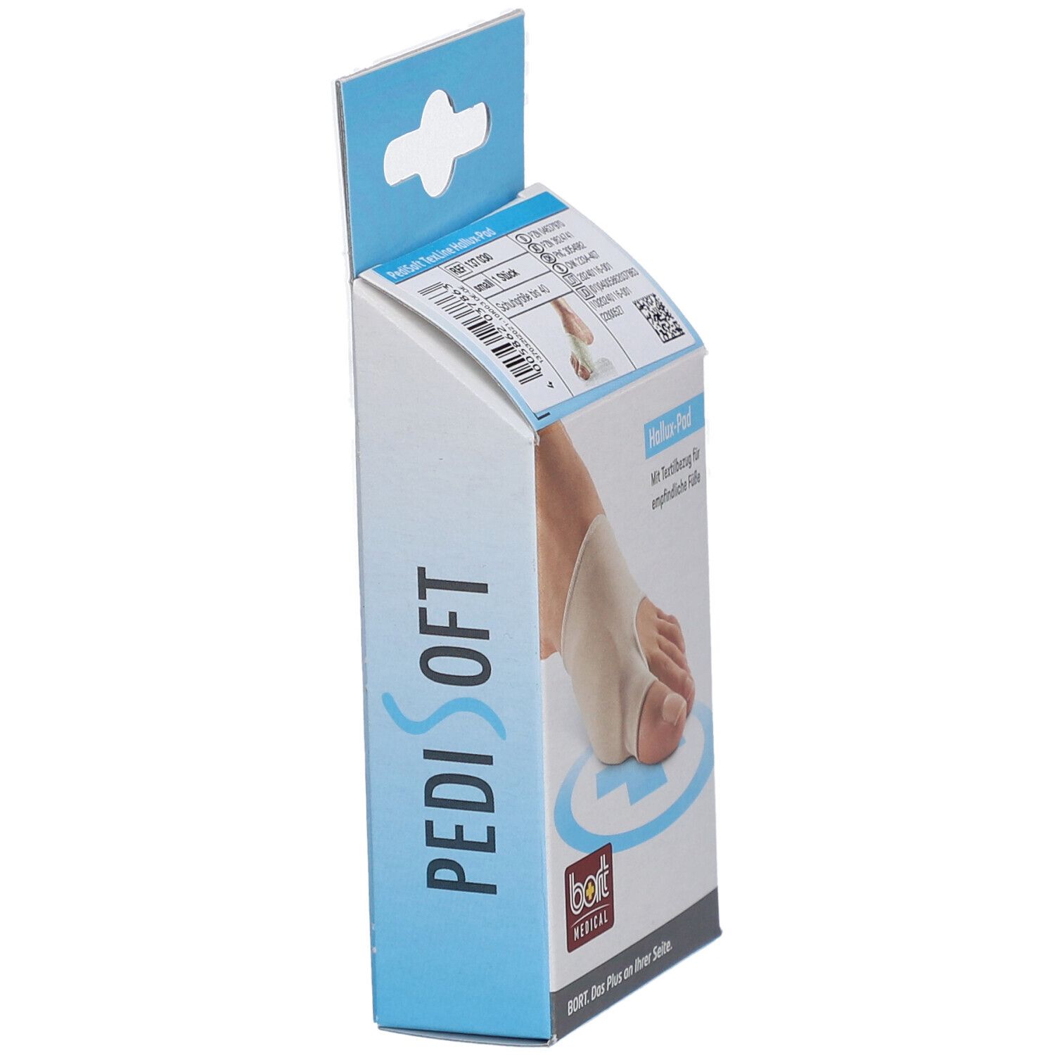 Verpackung, seitliche Ansicht. Marke PediSoft. Text und Abbildung des Hallux-Pad.