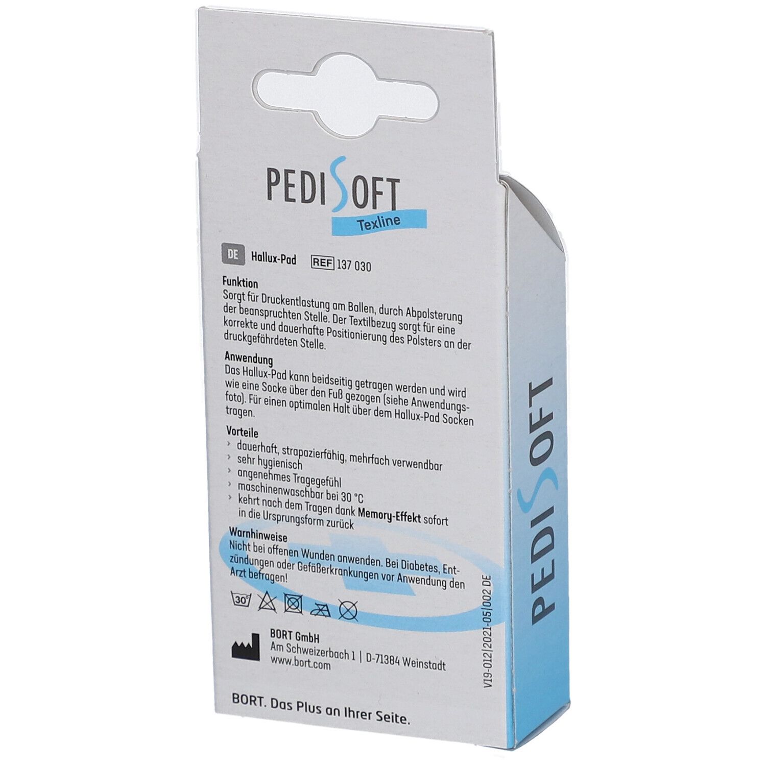 Rückseite der Verpackung. Textinformationen zum Hallux-Pad. Marke PediSoft.