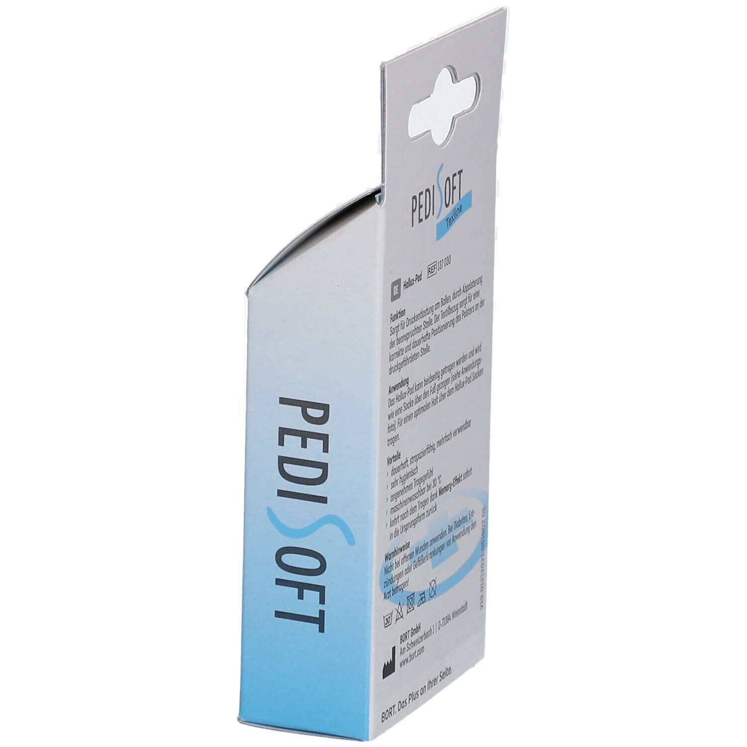Seitenansicht der Verpackung. Textinformationen zum Hallux-Pad. Marke PediSoft.