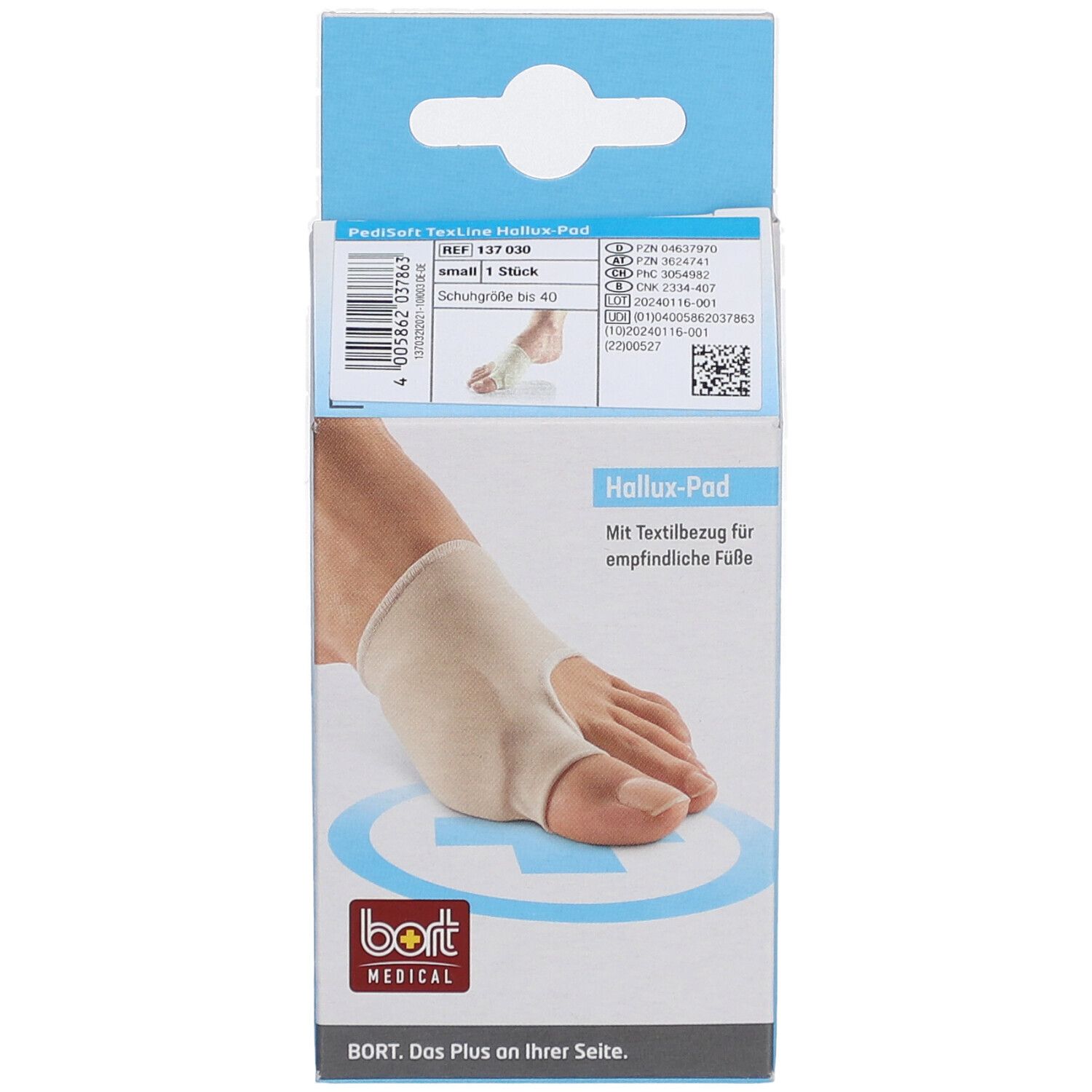 Verpackung mit Hallux-Pad. Beige Pad am Fuß, auf der Verpackung abgebildet. Marke BORT MEDICAL.