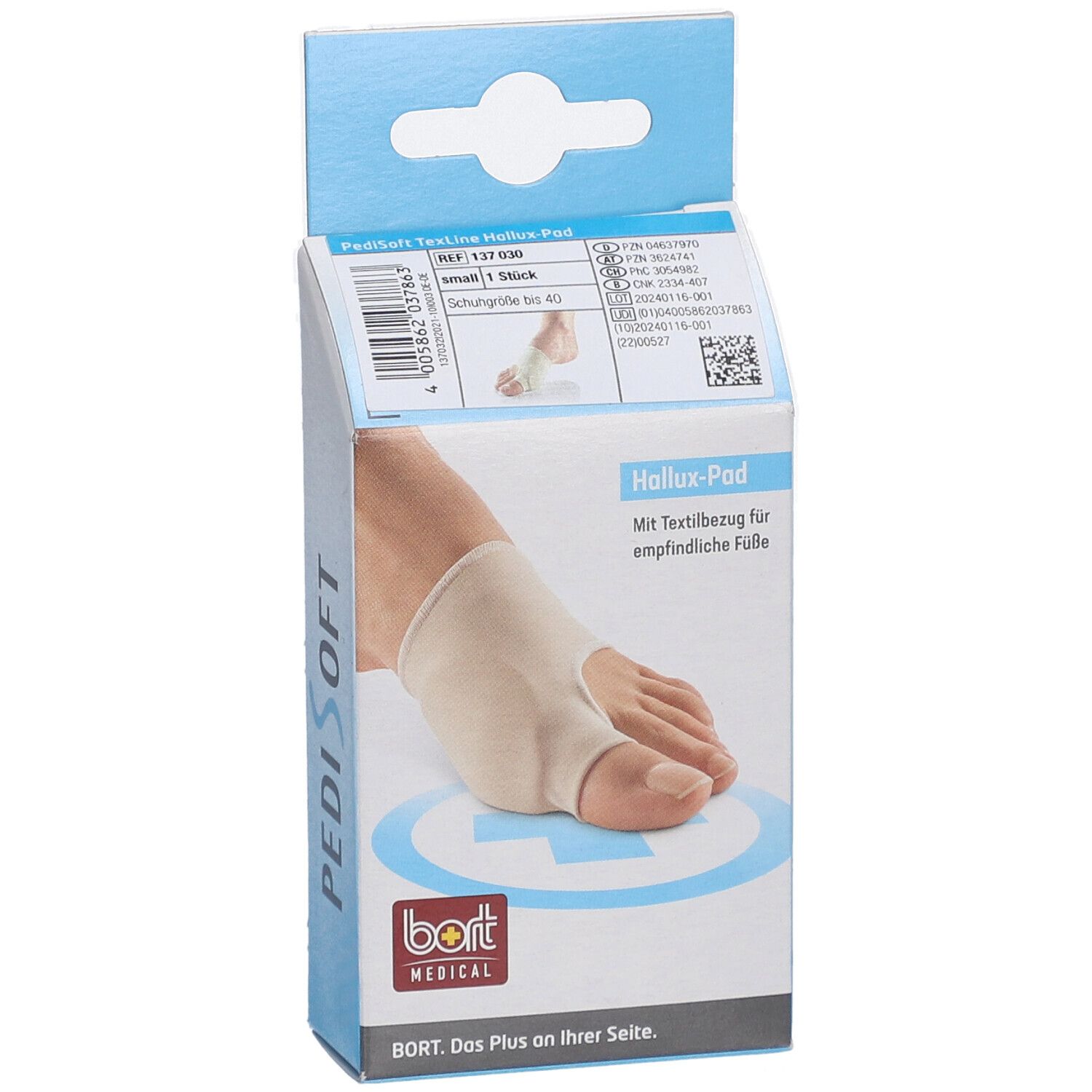 Verpackung mit Hallux-Pad. Beige Pad am Fuß, auf der Verpackung abgebildet. Marke BORT MEDICAL.