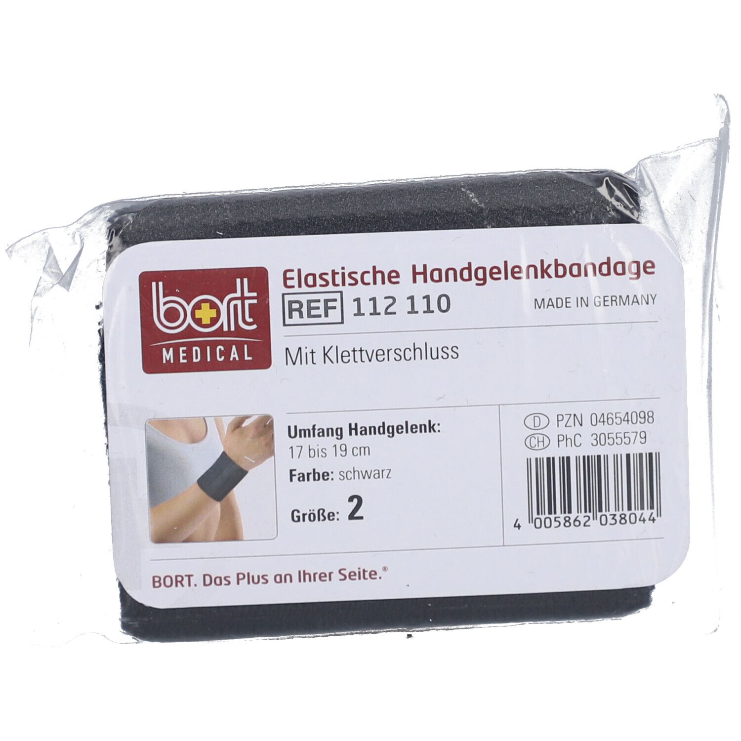 Elastische Handgelenkbandage in Verpackung. Schwarz, mit Klettverschluss. Größe 2. Marke BORT MEDICAL. Made in Germany.