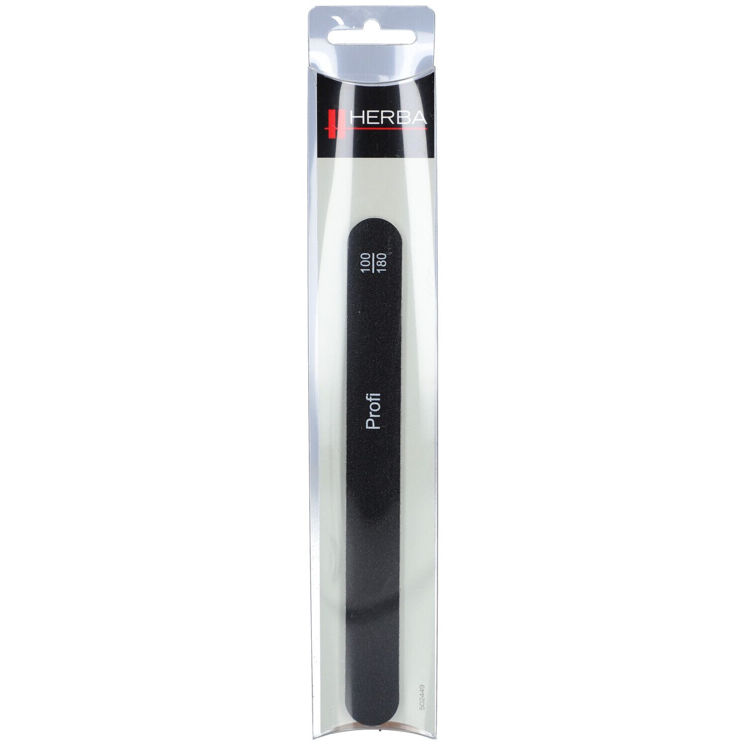 Schwarze Nagelfeile in transparenter Verpackung. Aufgedruckt: HERBA, Profi, 100/180.