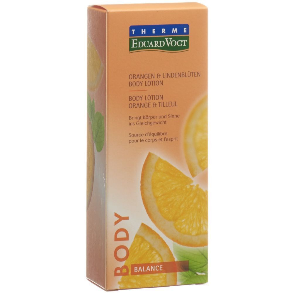 Therme Eduard Vogt Body Lotion. Orangefarbene Verpackung mit Produktnamen und Orangen-Illustrationen.