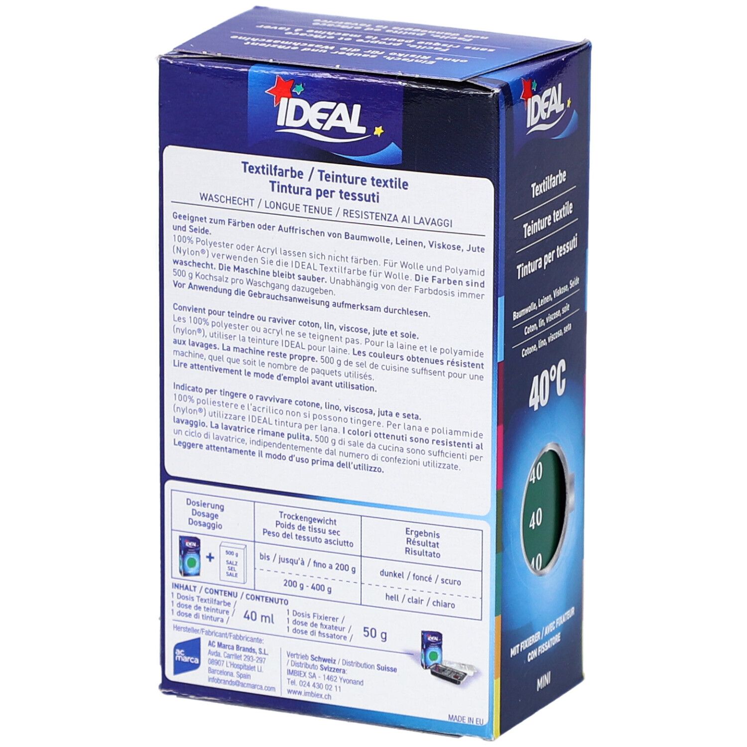 Rückseite der Textilfarben-Verpackung. Text und Piktogramme. Marke IDEAL. Angaben zu Inhaltsstoffen und Anwendung.