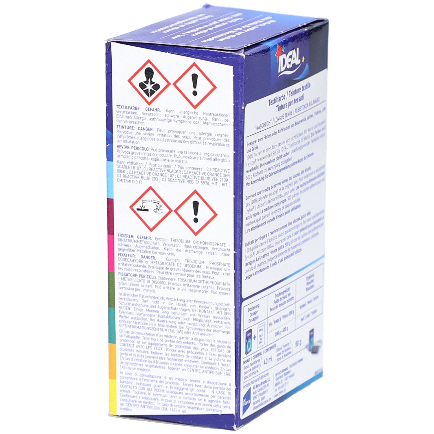 Seite der Textilfarben-Verpackung. Warnhinweise und Piktogramme. Marke IDEAL. Gefahrensymbole.