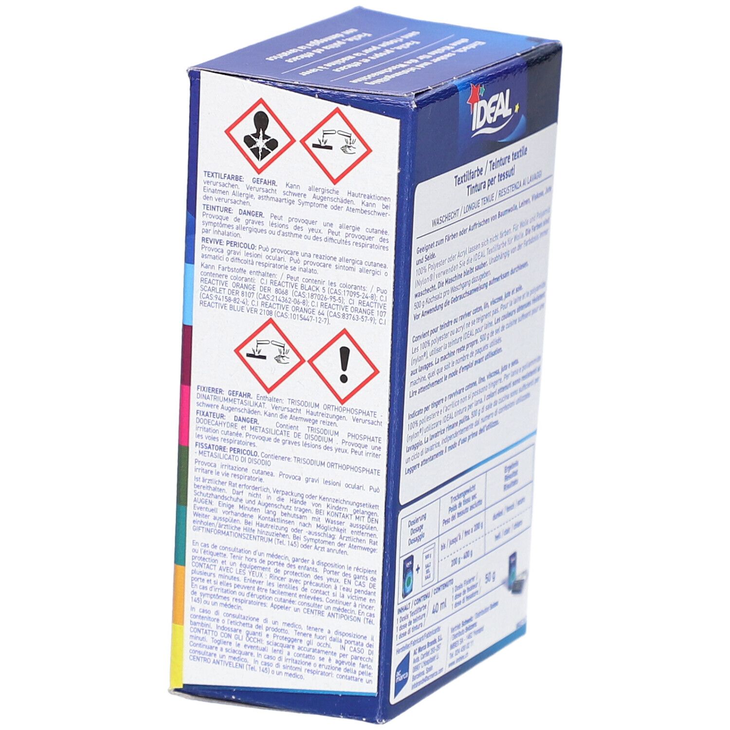 Verpackung mit Warnhinweisen. Text in Deutsch, Französisch, Italienisch. Gefahrensymbole.