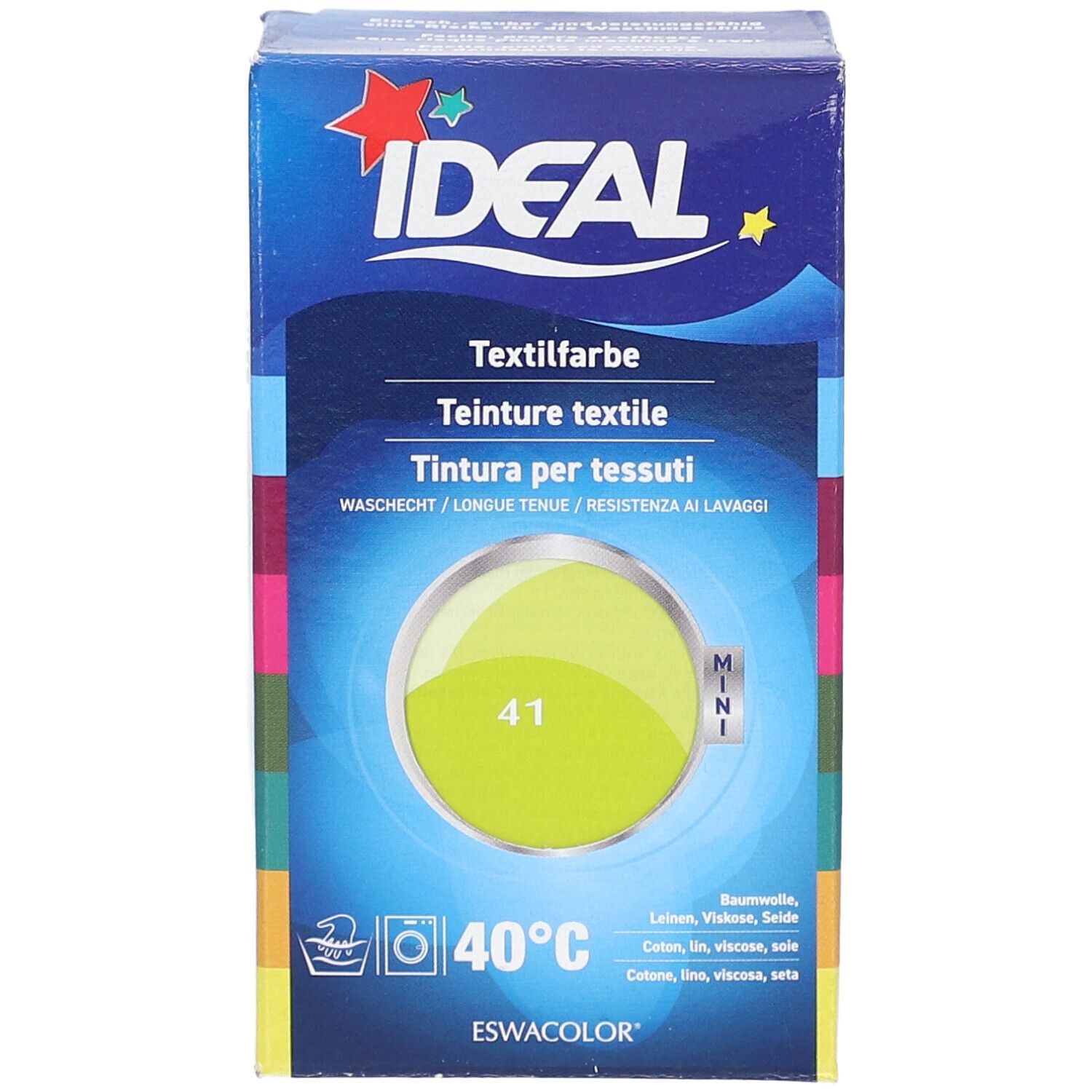 Karton mit Textilfarbe. Limettengrüne Farbe in einem Kreis. Marke: IDEAL. Text auf Deutsch, Französisch, Italienisch.