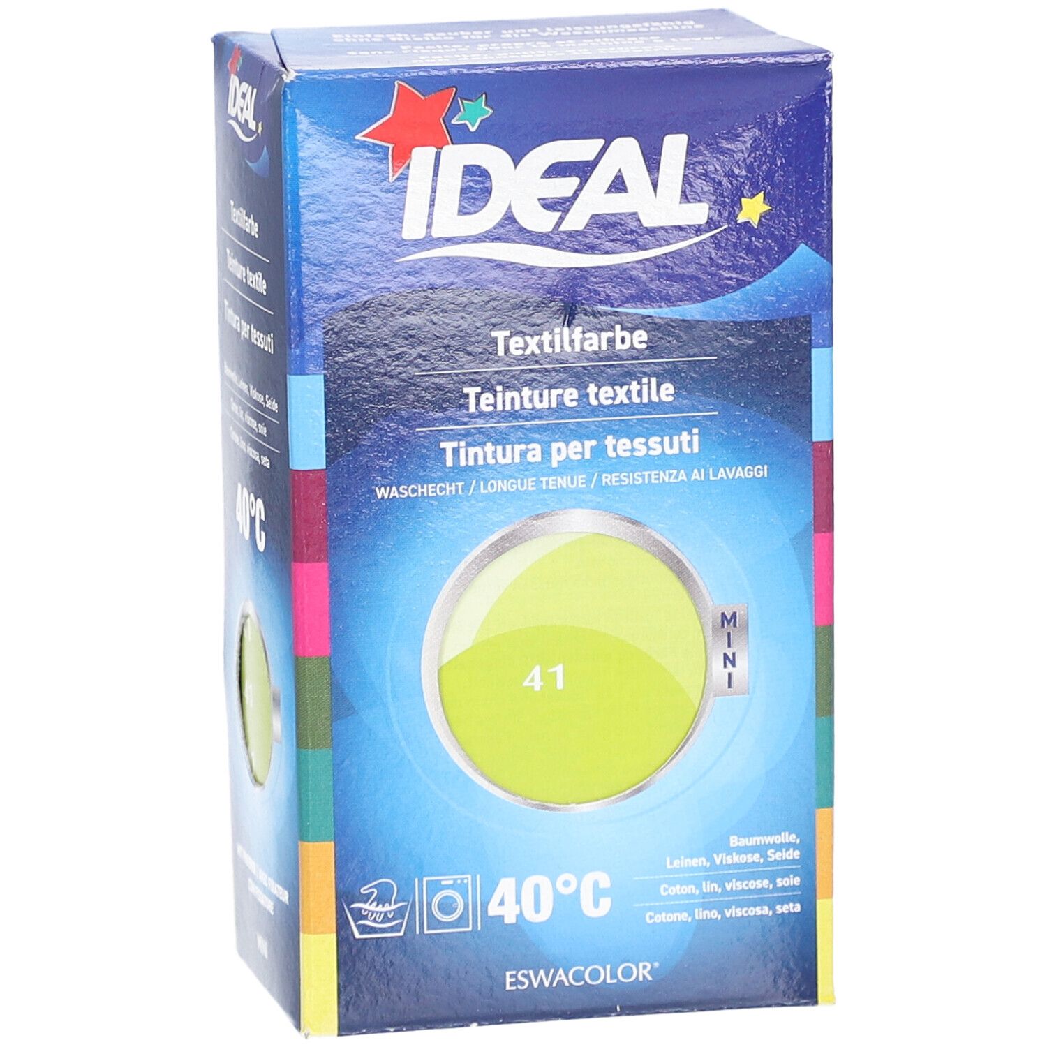 Karton mit Textilfarbe. Limettengrüne Farbe in einem Kreis. Marke: IDEAL. Text auf Deutsch, Französisch, Italienisch.