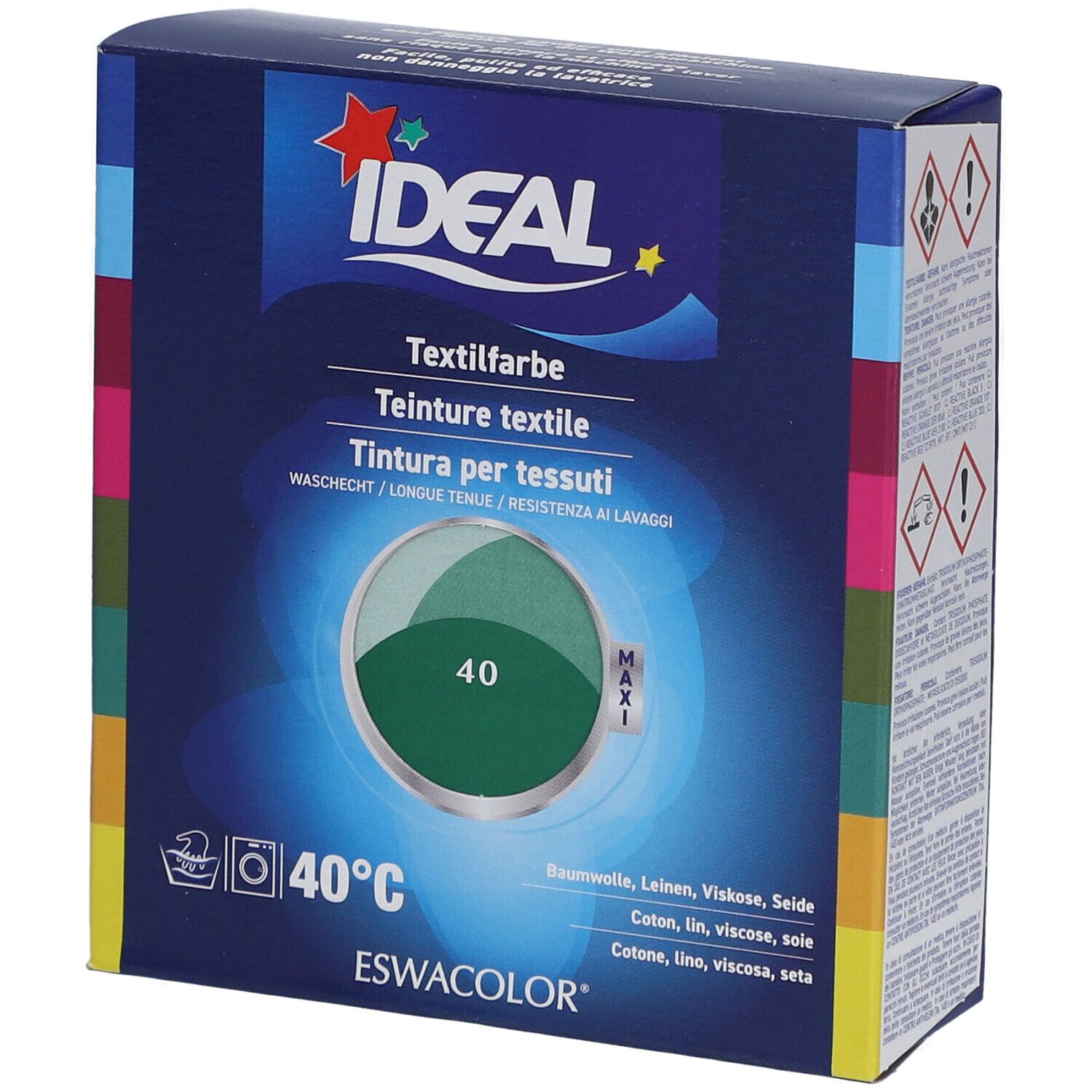IDEAL Textilfarbe, 40 Mittelgrün. Waschbeständig. Verpackung mit Produktabbildung und Inhaltsangaben. Marke ESWACOLOR.