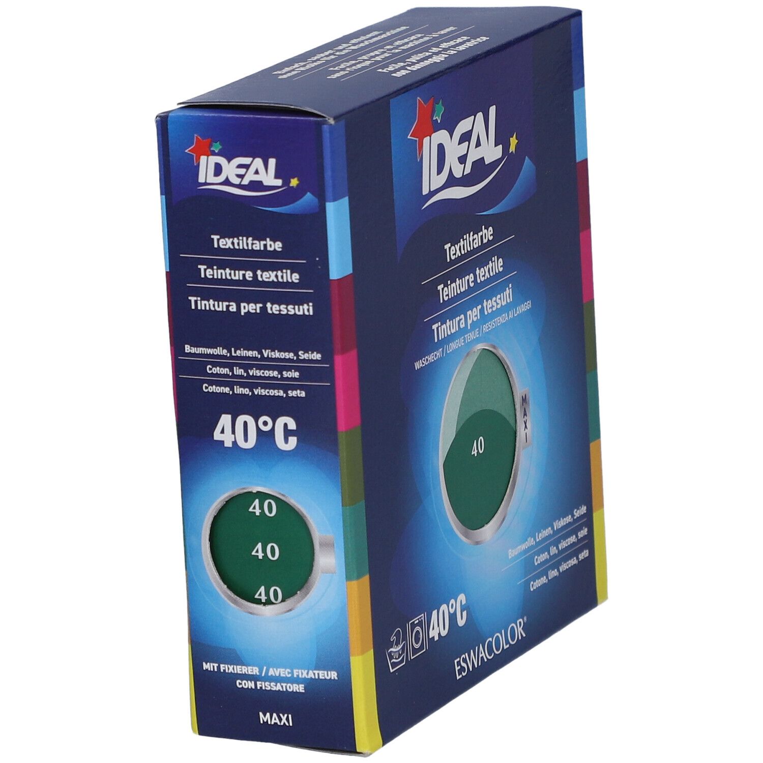 IDEAL Textilfarbe, 40 Mittelgrün. Schrägansicht der Verpackung. Waschbeständig. Marke ESWACOLOR. Produktabbildung.