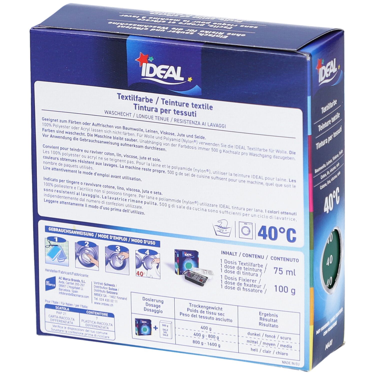 Rückseite der IDEAL Textilfarbe Verpackung. Enthält Dosierungsanweisungen und Inhaltsangaben. Waschbeständig. Marke ESWACOLOR.