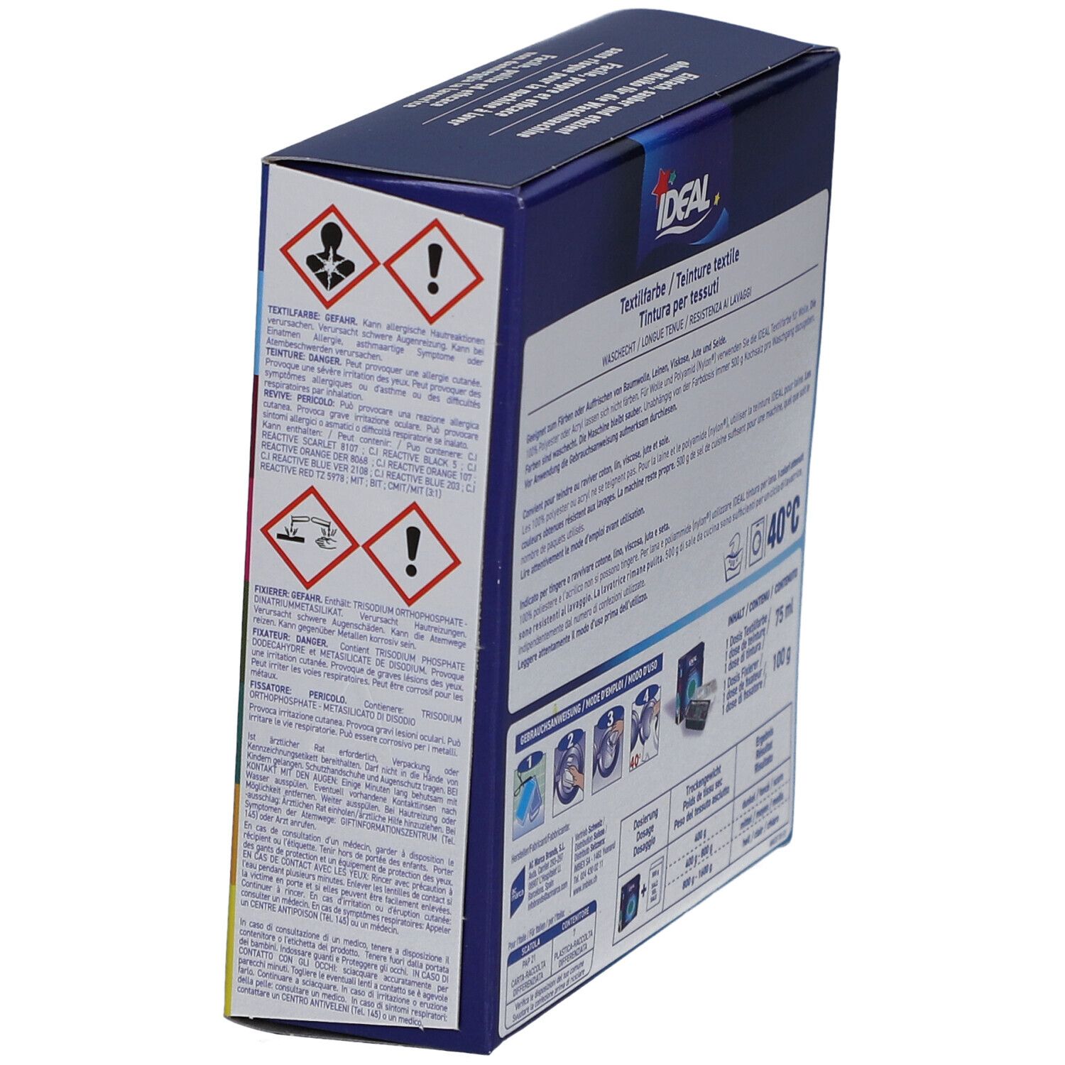 Seite der IDEAL Textilfarbe Verpackung. Warnhinweise und Inhaltsangaben. Waschbeständig. Marke ESWACOLOR. Gefahrensymbole.
