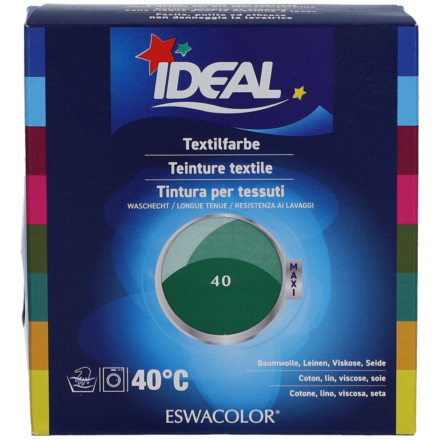 IDEAL Textilfarbe, 40 Mittelgrün. Waschbeständig. Verpackung mit Produktabbildung und Inhaltsangaben. Marke ESWACOLOR.