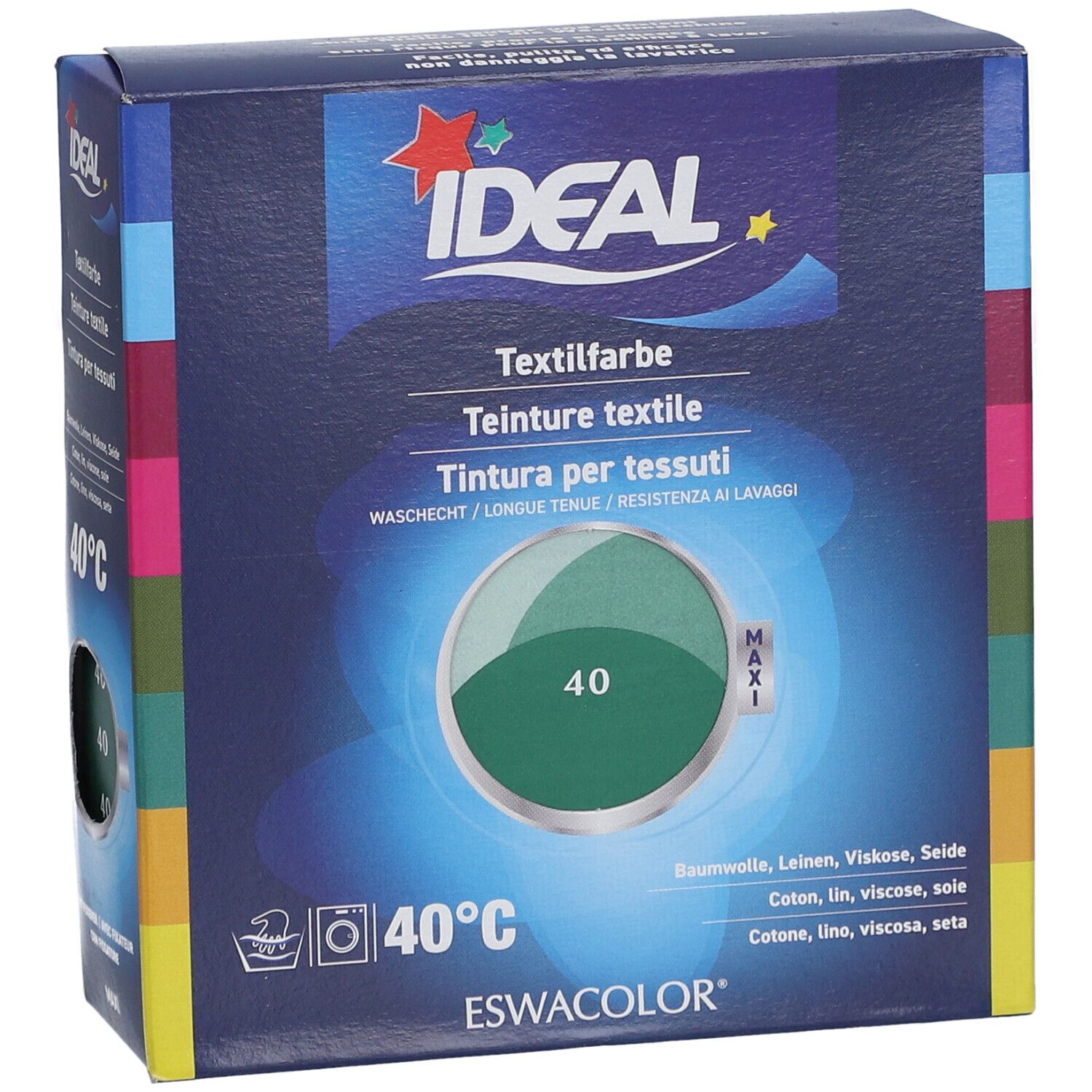 IDEAL Textilfarbe, 40 Mittelgrün. Schrägansicht der Verpackung. Waschbeständig. Marke ESWACOLOR. Produktabbildung.