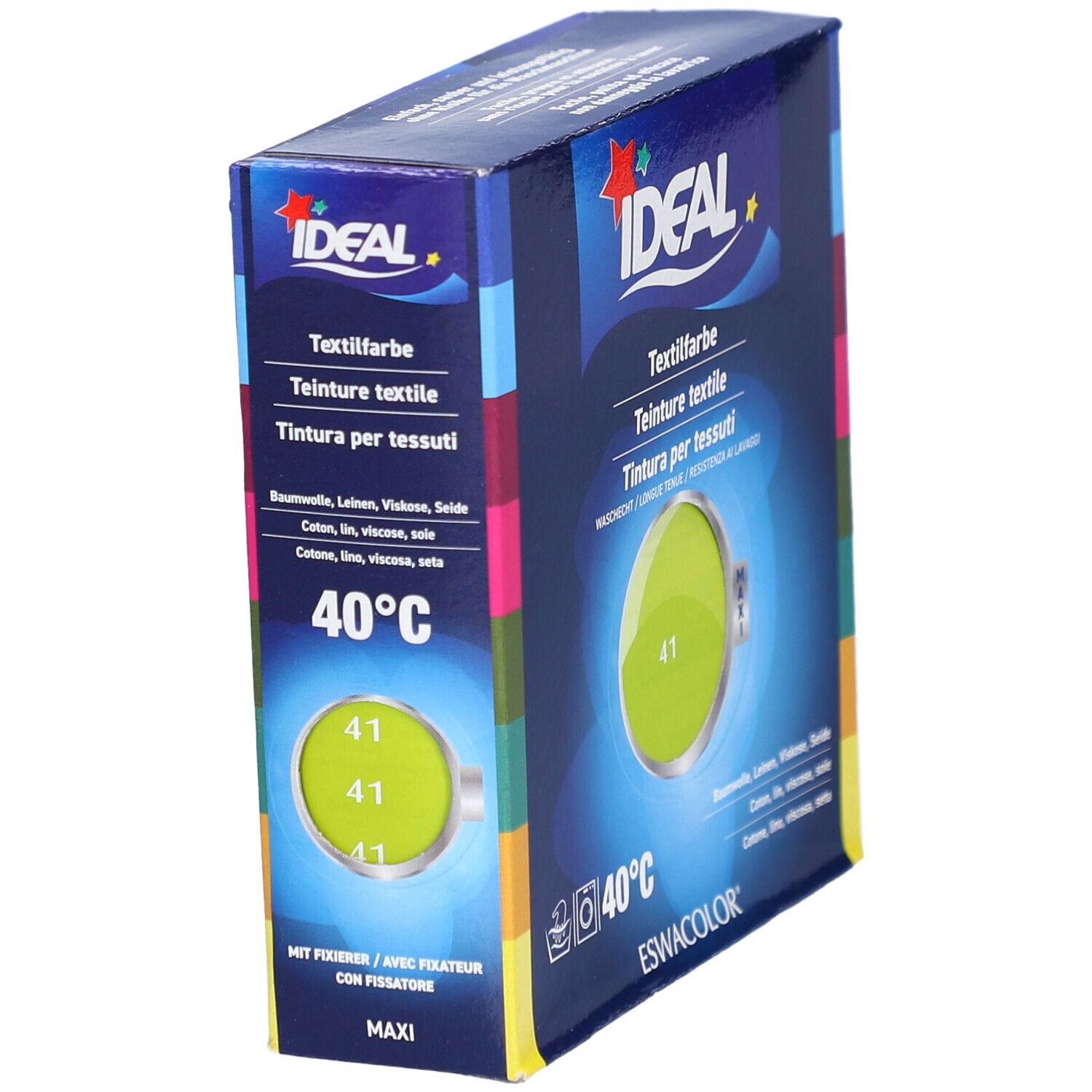 IDEAL Textilfarbe-Verpackung, Anisgrün 41. Aufdrucke: IDEAL, Textilfarbe, 40°C, ESWACOLOR. Farbfeld mit Farbnummer 41. Maxi.