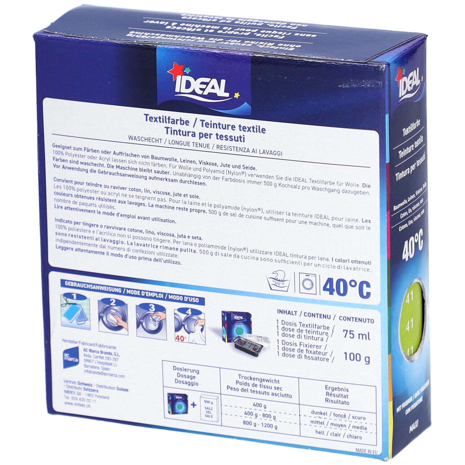 Rückseite der IDEAL Textilfarbe-Verpackung. Aufdrucke: Textilfarbe, 40°C, Inhaltsangaben, Gebrauchsanweisung, Warnhinweise.