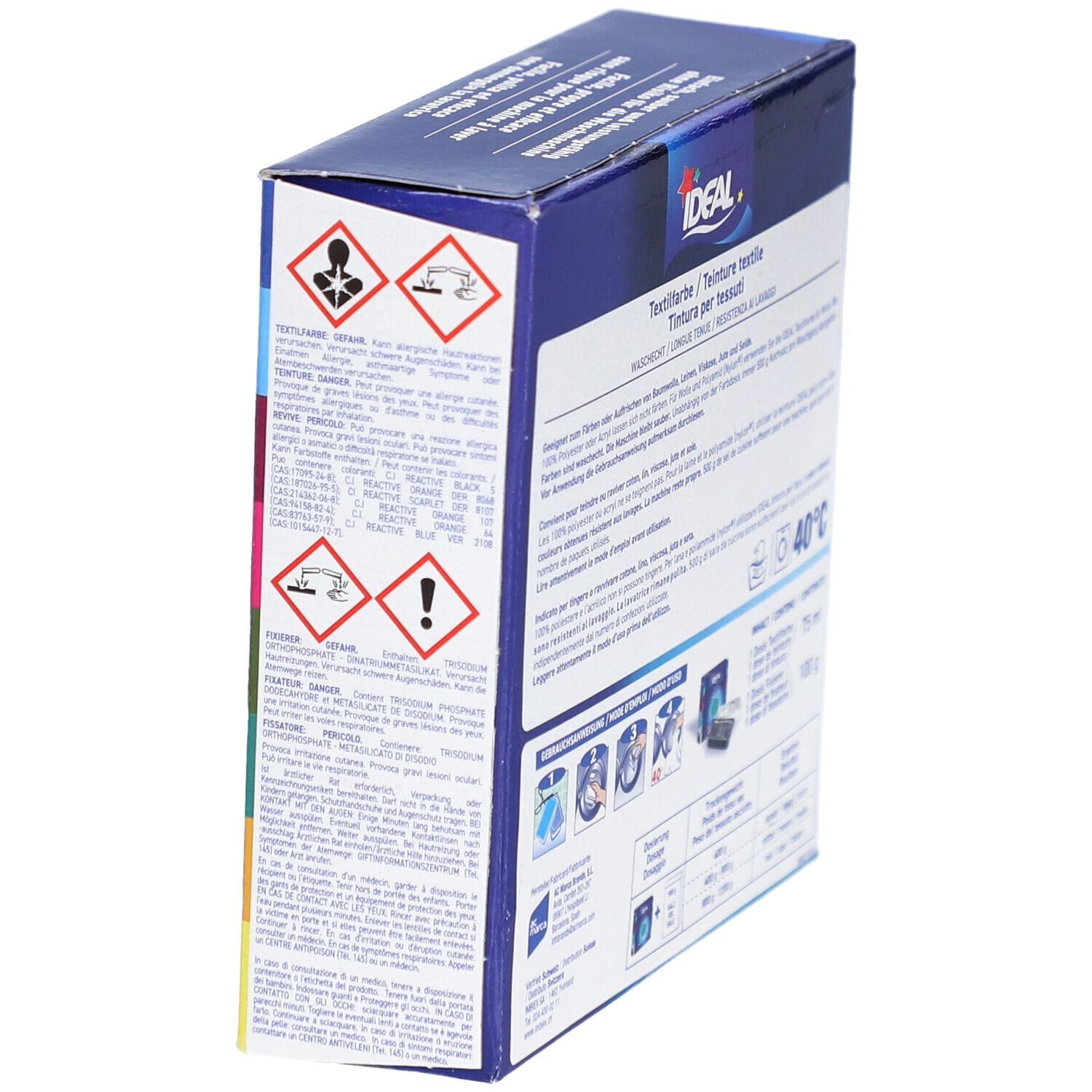 Seite der IDEAL Textilfarbe-Verpackung. Aufdrucke: Warnhinweise, Piktogramme, Text.