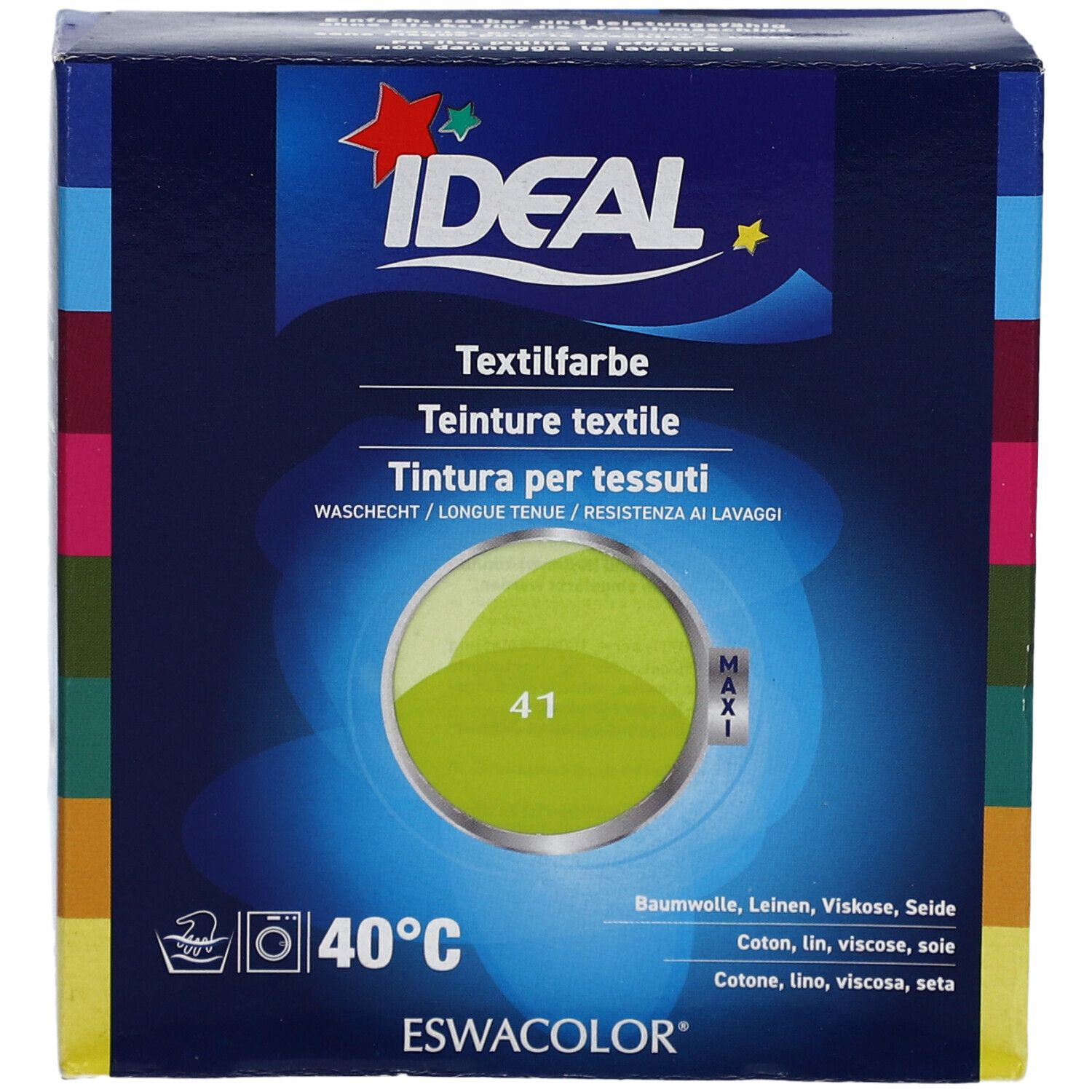 IDEAL Textilfarbe-Verpackung, Anisgrün 41. Aufdrucke: IDEAL, Textilfarbe, 40°C, ESWACOLOR. Farbfeld mit Farbnummer 41. Maxi.