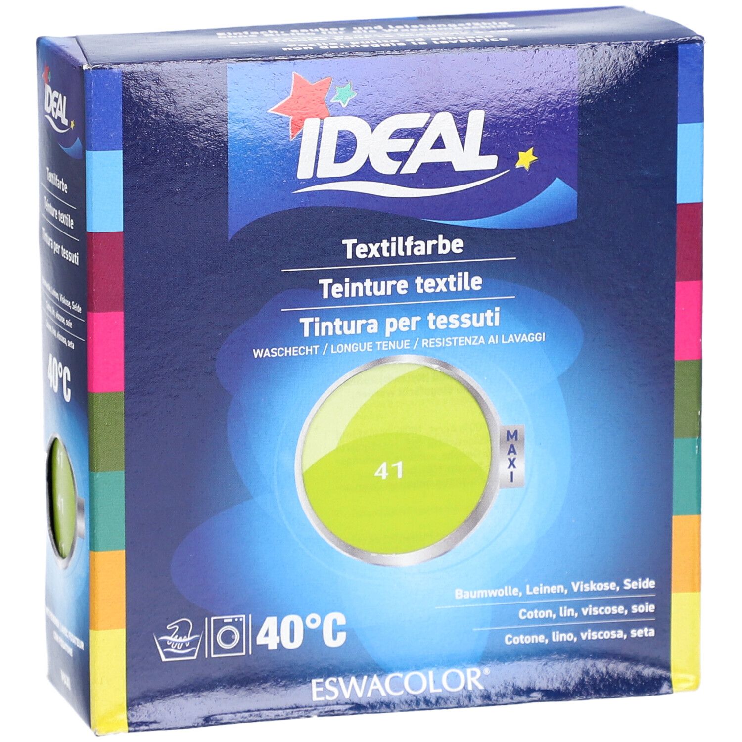 IDEAL Textilfarbe-Verpackung, Anisgrün 41. Aufdrucke: IDEAL, Textilfarbe, 40°C, ESWACOLOR. Farbfeld mit Farbnummer 41. Maxi.