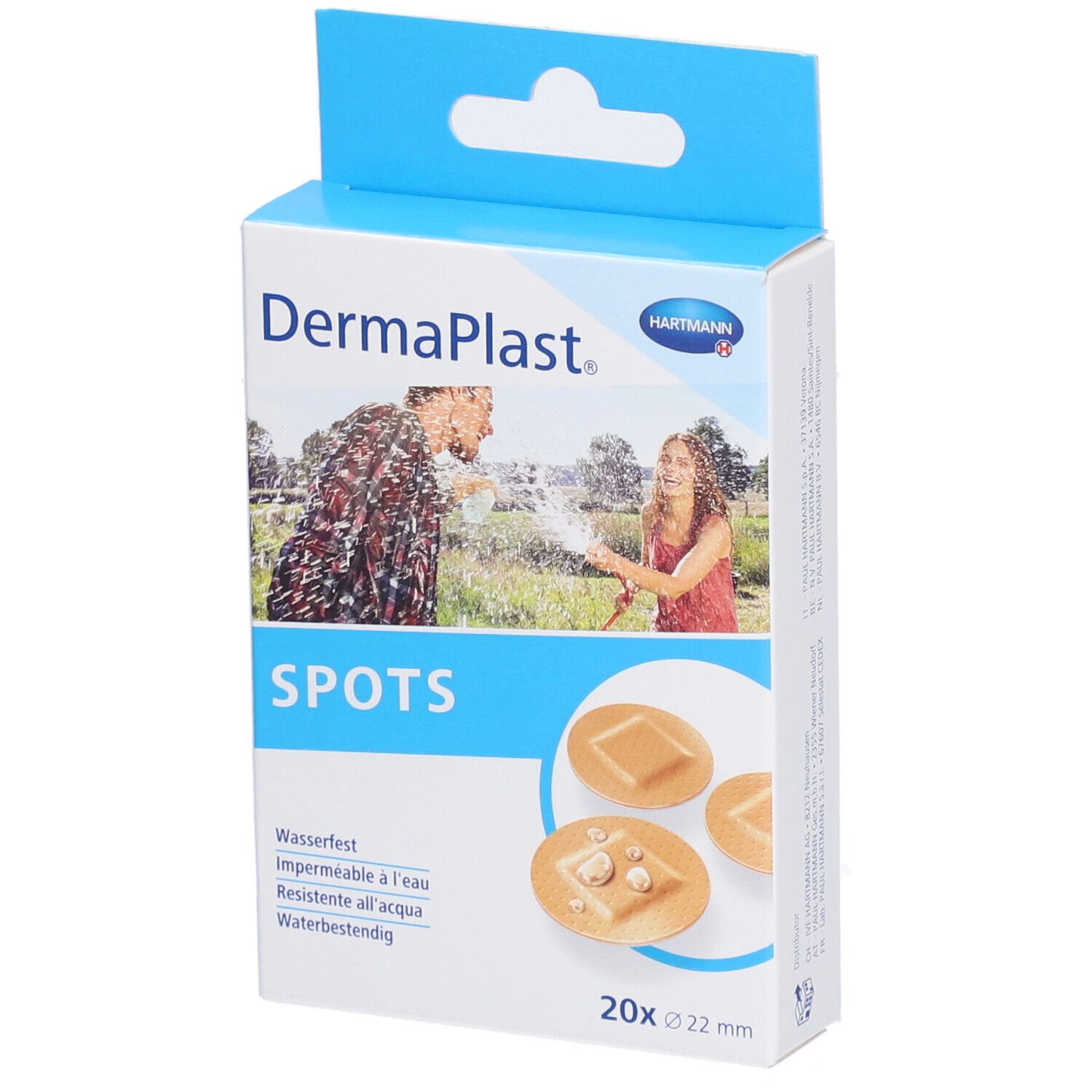 Boîte de Dermaplast Spots Rundpflaster. 20 pièces de 22 mm. Résistant à l'eau. Marque et nom du produit visibles.