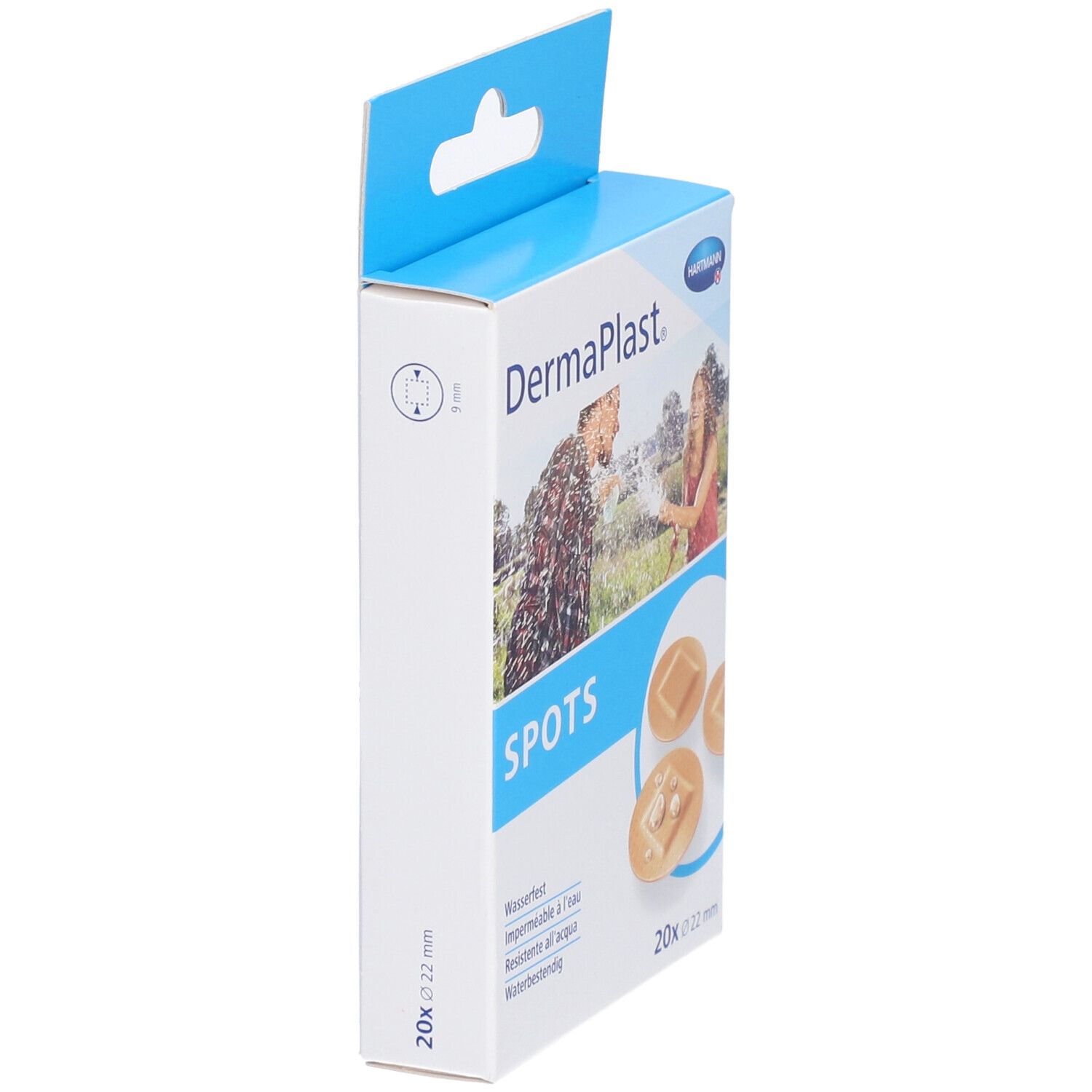 Vue latérale de la boîte Dermaplast Spots. 20 pansements, 22 mm. Marque et nom du produit visibles.