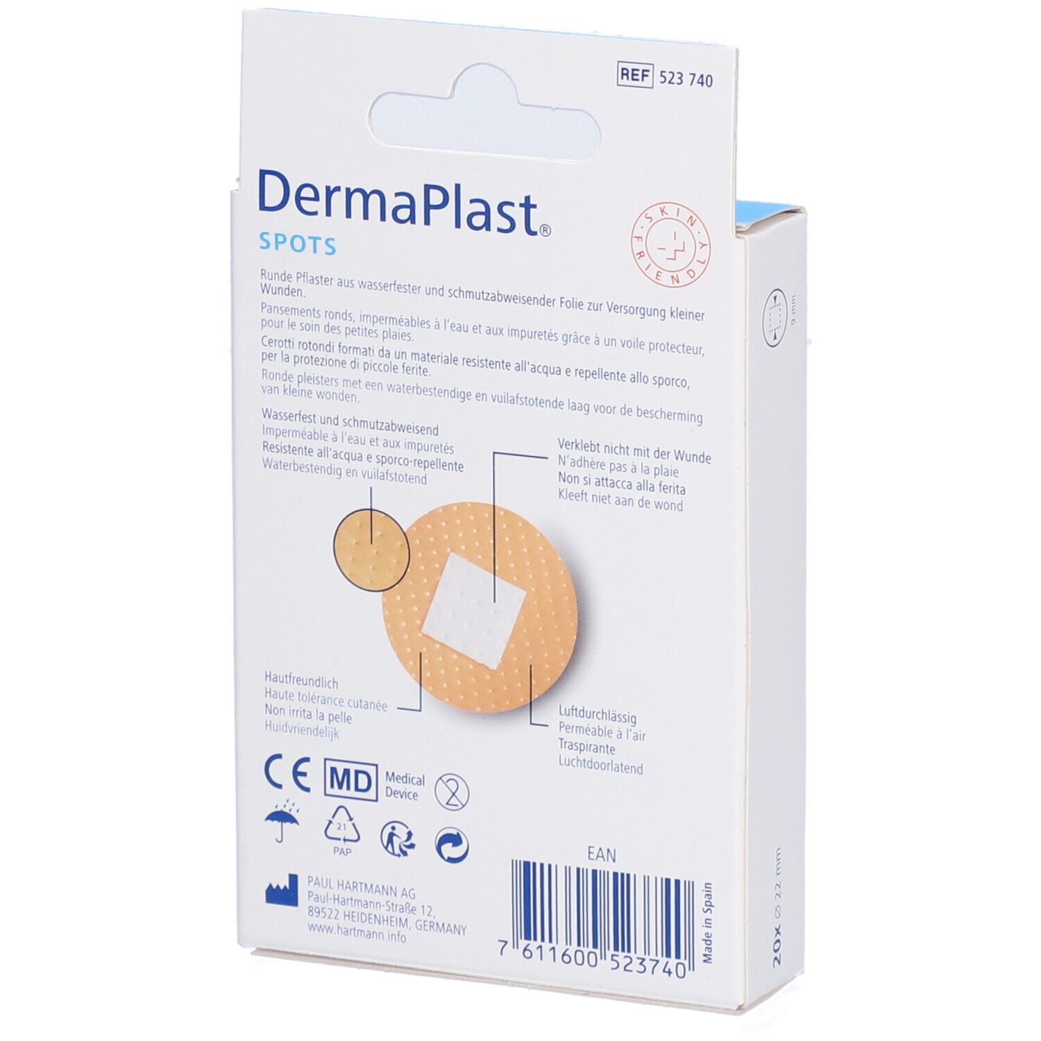 Dos de la boîte Dermaplast Spots. Informations produit, certifications et ingrédients.