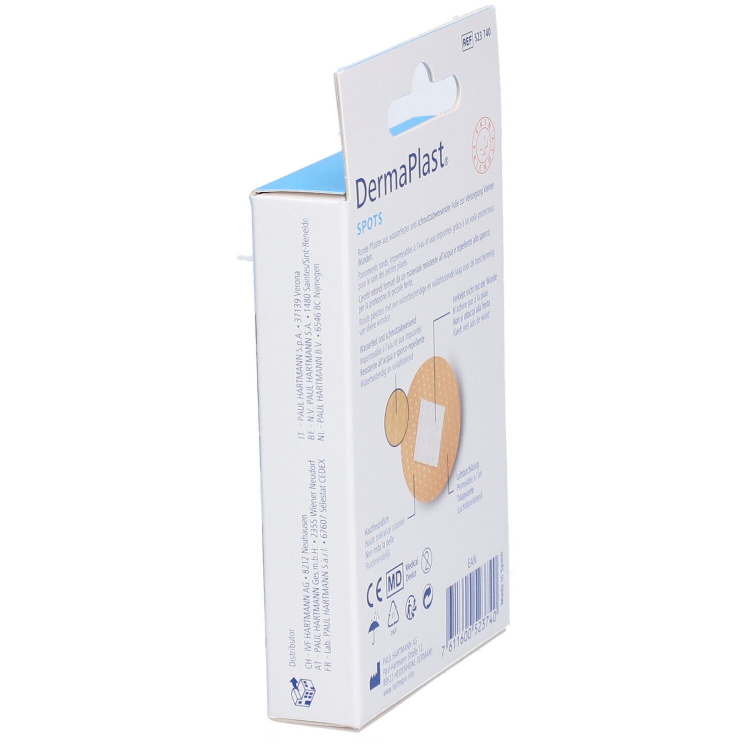 Vue latérale de la boîte Dermaplast Spots. Informations produit et certifications.