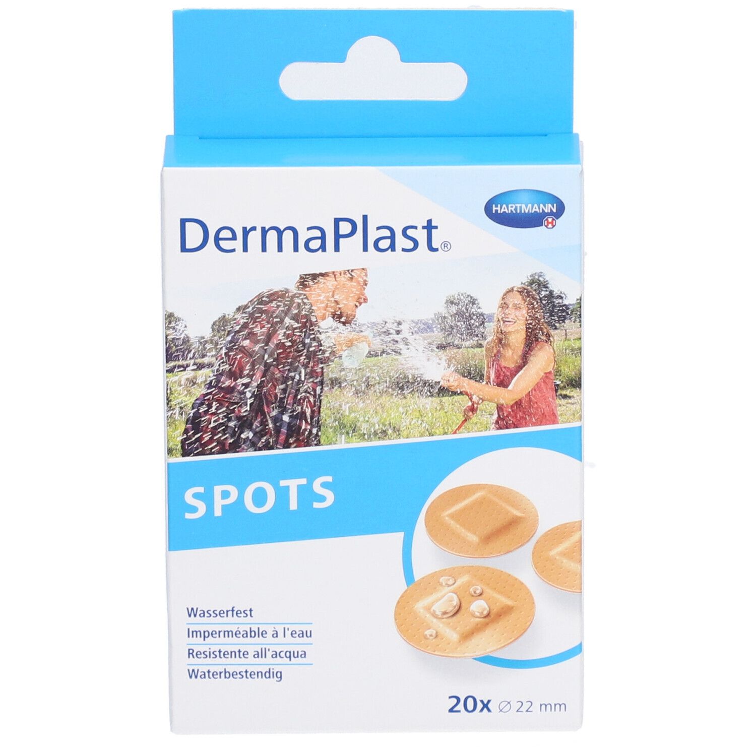 Boîte de Dermaplast Spots Rundpflaster. 20 pièces de 22 mm. Résistant à l'eau. Marque et nom du produit visibles.