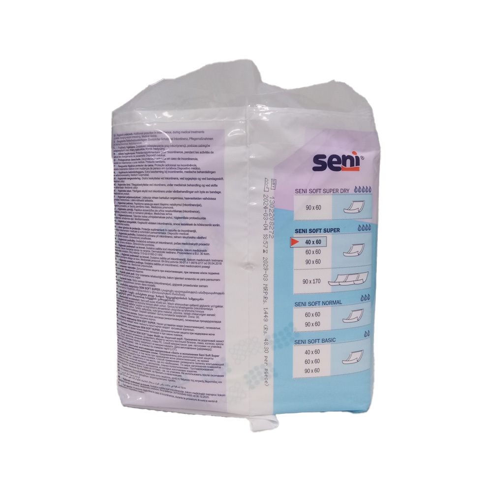 Rückseite der Verpackung Seni Soft Super. Produktübersicht und Größenangaben. Seni-Logo.
