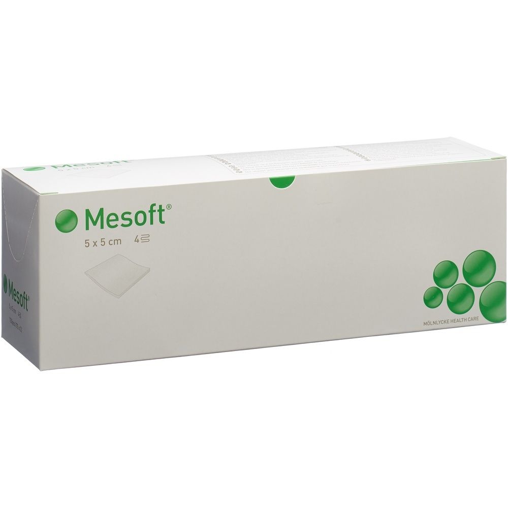 Weiße Verpackung mit Mesoft-Logo, 5x5 cm. Grüne Kreise und Text. Enthält 4 Stück. Produktname Mesoft®.