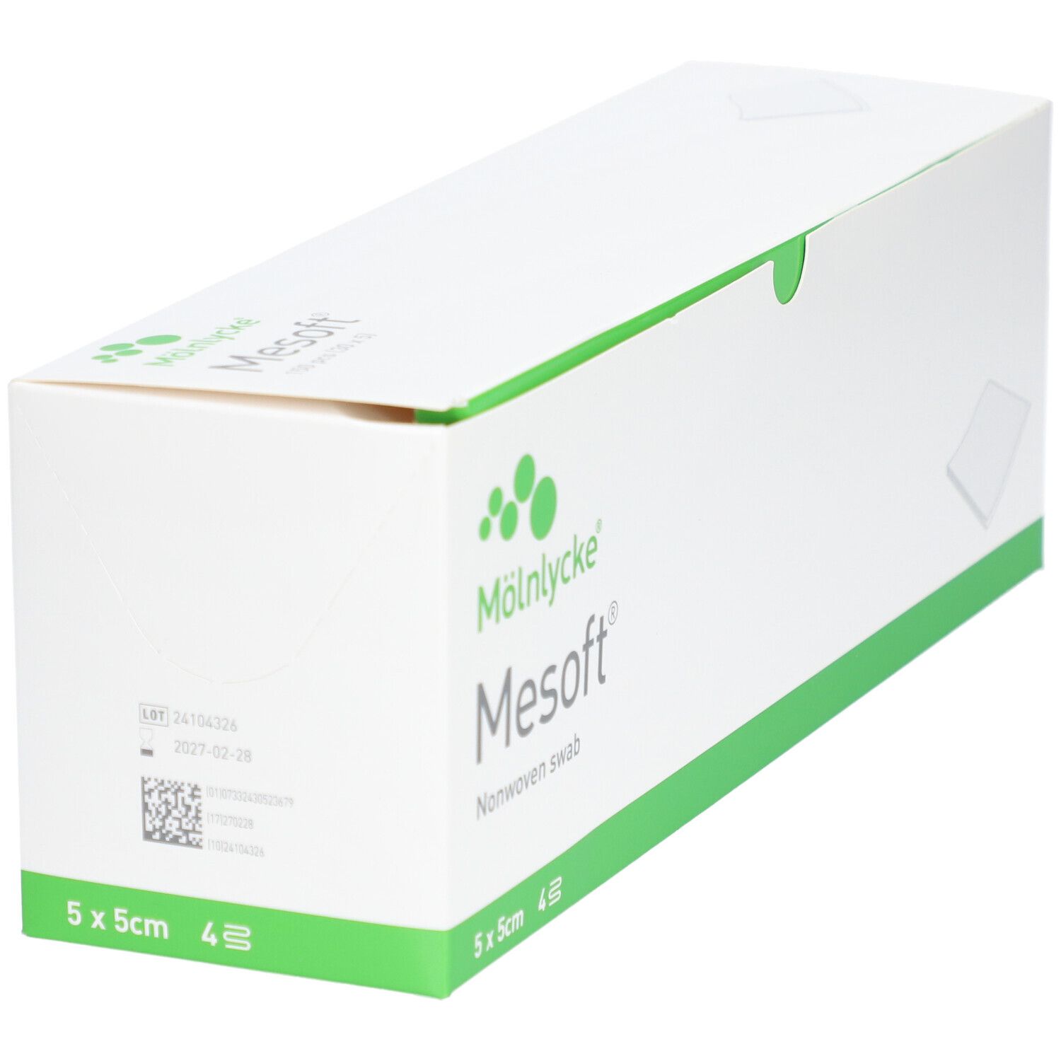 Weiße Mesoft-Verpackung mit grünem Akzent. Logo und Produktname Mesoft. 5x5cm, 4 Stück.