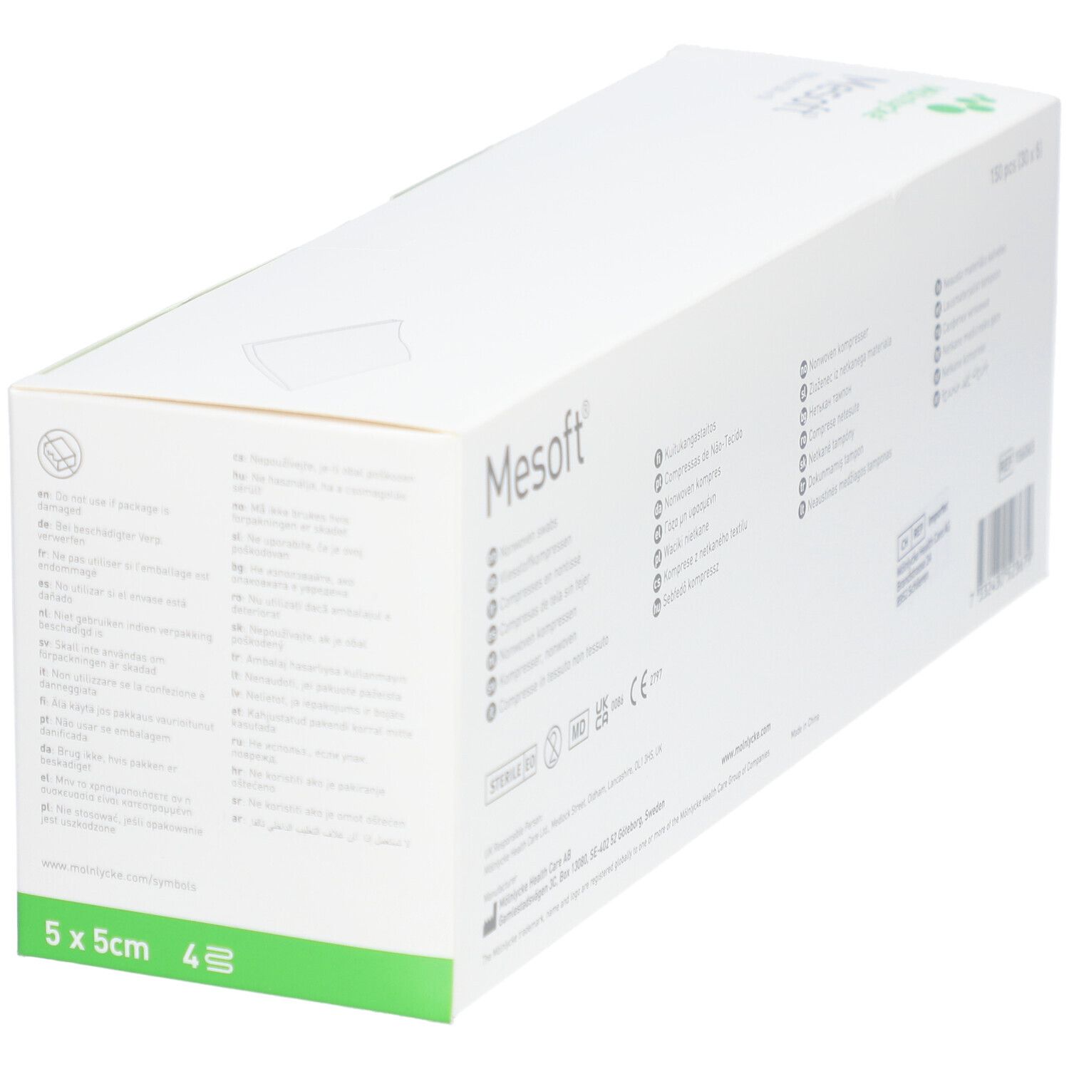 Rückseite der Mesoft-Verpackung. Text in mehreren Sprachen. 5x5cm, 4 Stück.