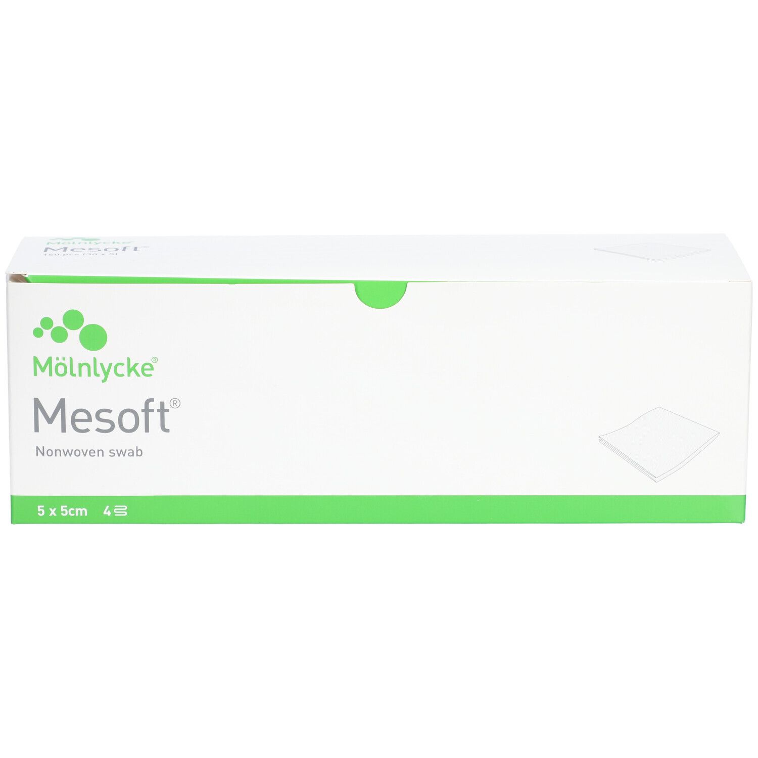 Weiße Mesoft-Verpackung mit grünem Akzent. Logo und Produktname Mesoft. 5x5cm, 4 Stück.