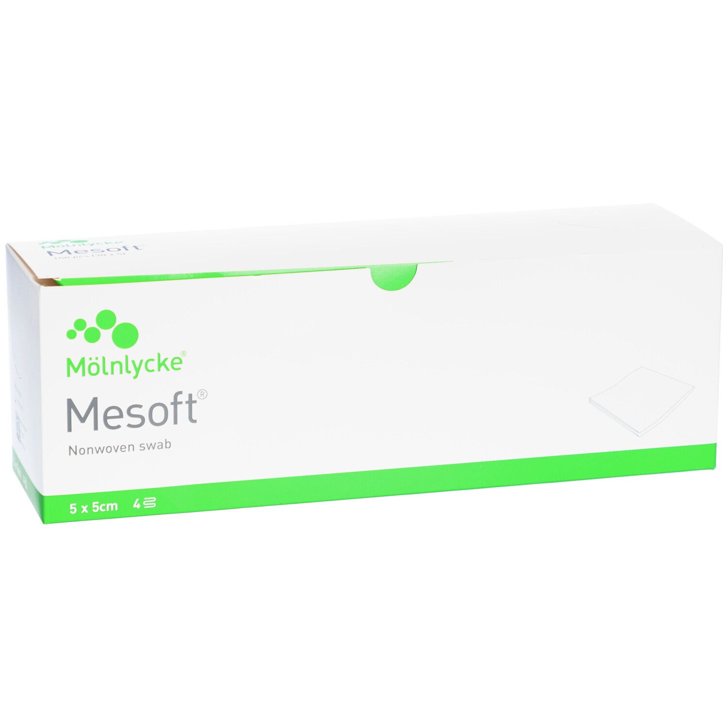 Weiße Mesoft-Verpackung mit grünem Akzent. Logo und Produktname Mesoft. 5x5cm, 4 Stück.