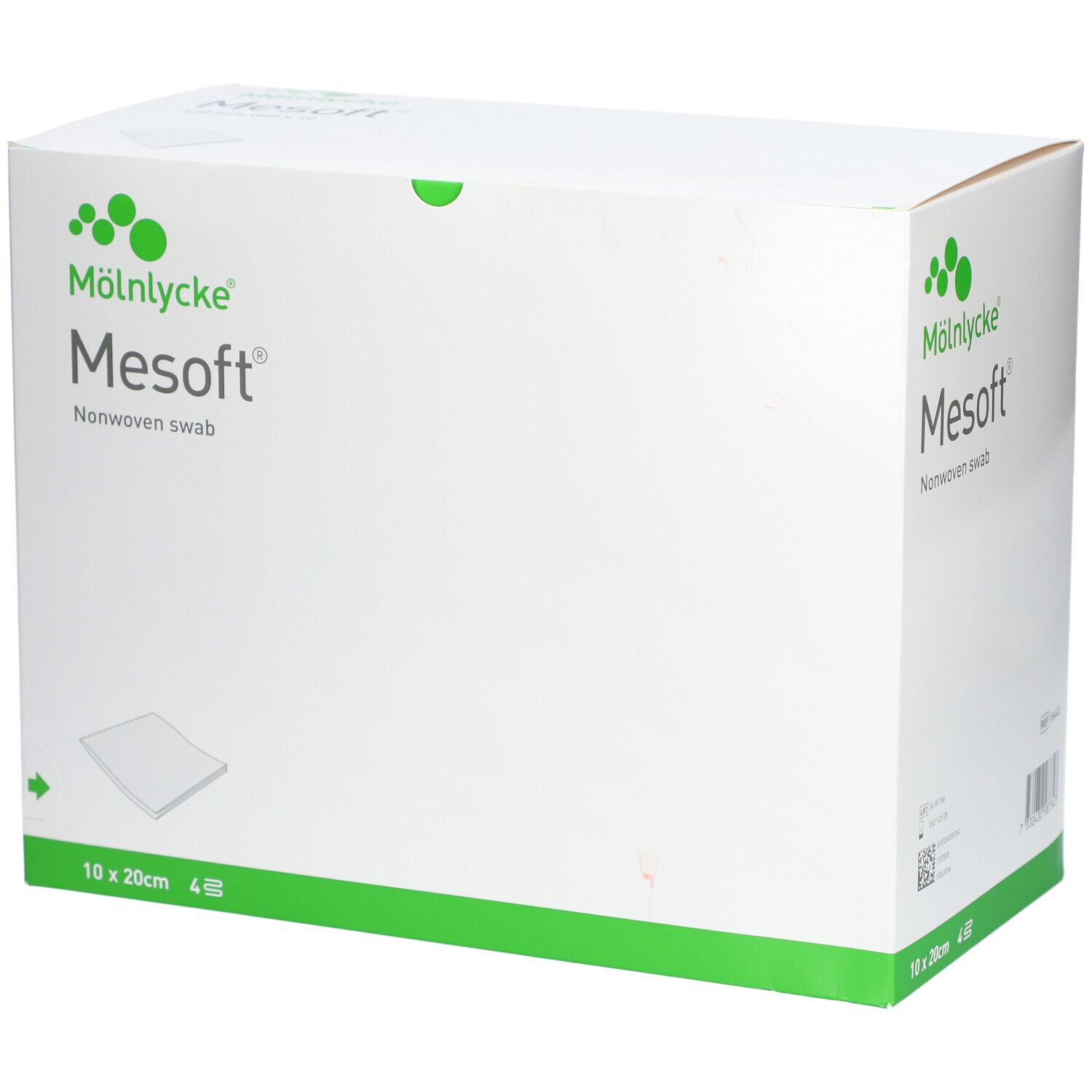 Weiße Verpackung mit grünem Akzent. Aufdruck: M

lnlycke Mesoft Nonwoven swab. Größe: 10x20cm, 4 Stück.
