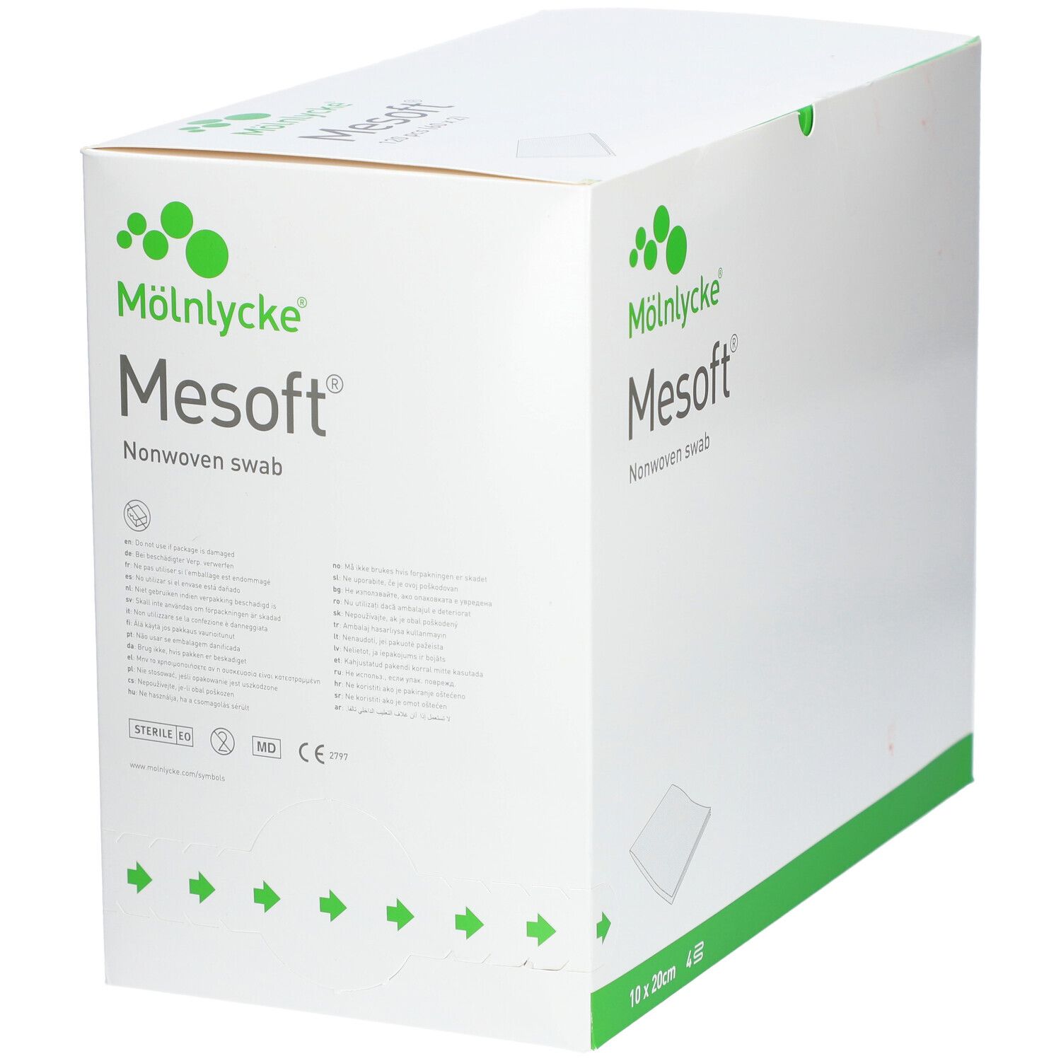 Weiße Verpackung mit grünem Akzent. Aufdruck: M

lnlycke Mesoft Nonwoven swab. Sterile Verpackung.