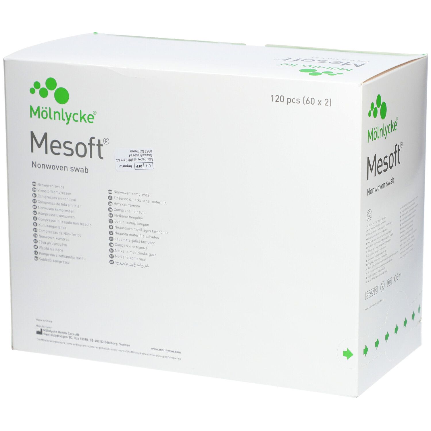 Weiße Verpackung mit grünem Akzent. Aufdruck: M

lnlycke Mesoft Nonwoven swab. 120 Stück (60x2).