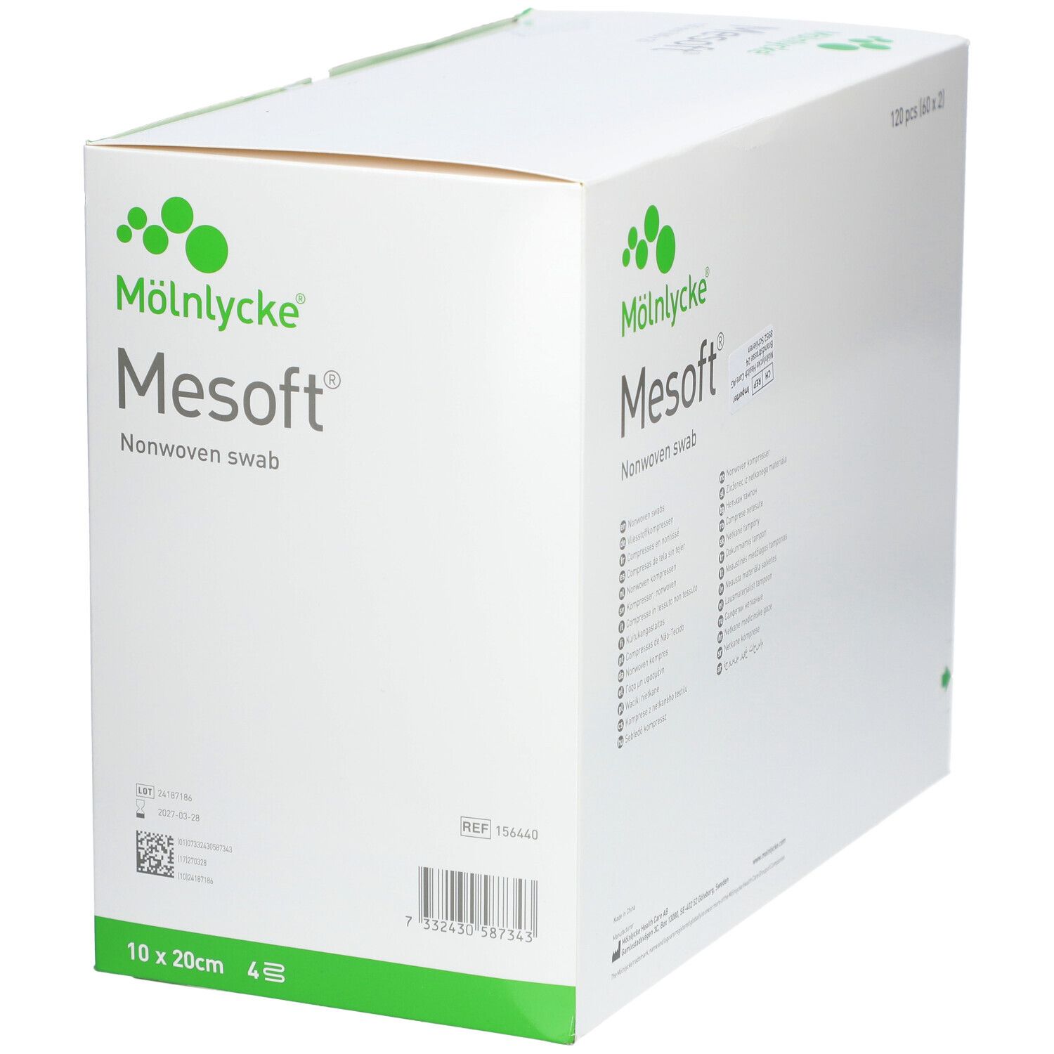 Weiße Verpackung mit grünem Akzent. Aufdruck: M

lnlycke Mesoft Nonwoven swab. Größe: 10x20cm, 4 Stück.