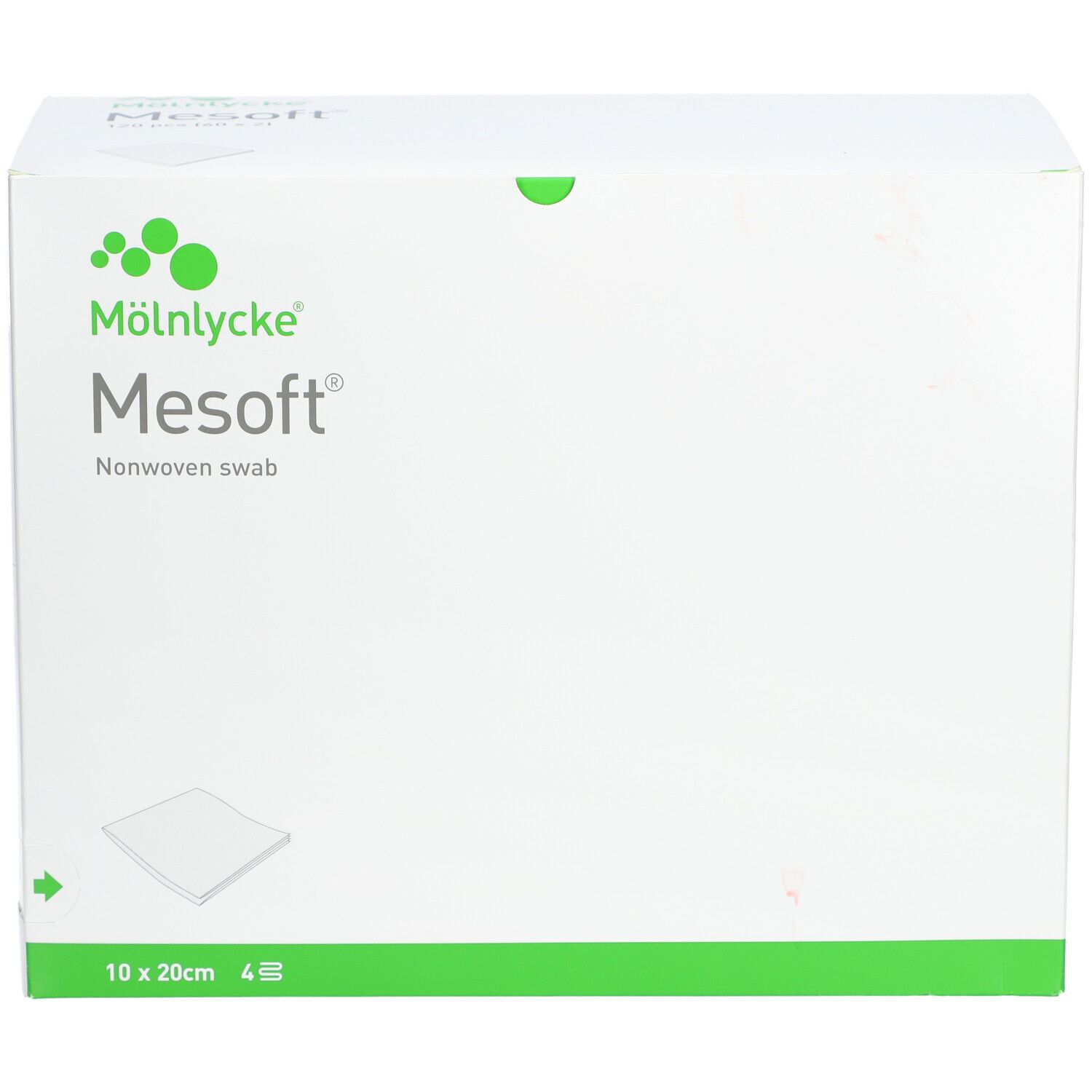 Weiße Verpackung mit grünem Akzent. Aufdruck: M

lnlycke Mesoft Nonwoven swab. Größe: 10x20cm, 4 Stück.
