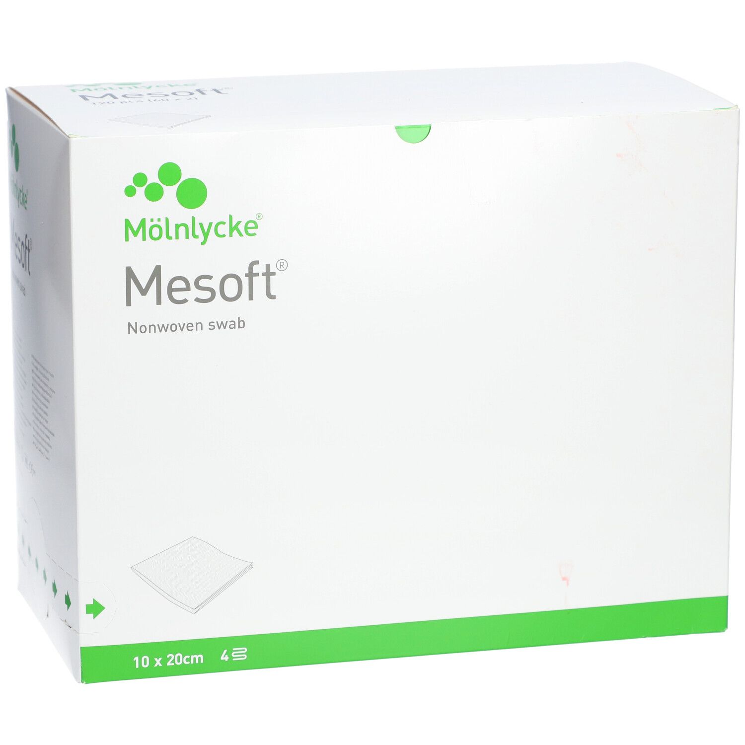 Weiße Verpackung mit grünem Akzent. Aufdruck: M

lnlycke Mesoft Nonwoven swab. Größe: 10x20cm, 4 Stück.